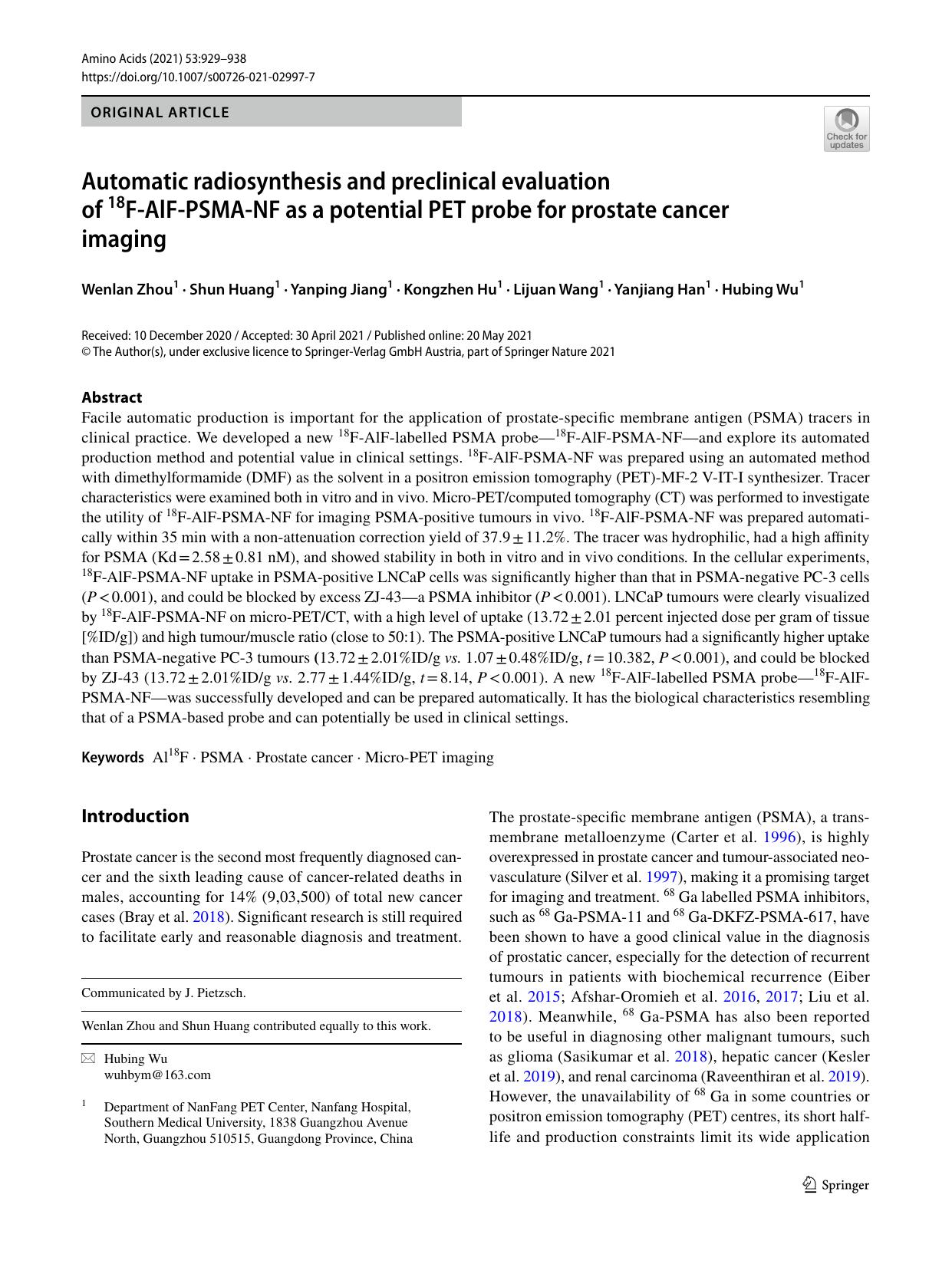 Automatic radiosynthesis and preclinical evaluation of 18F-AlF-PSMA-NF as a potential PET probe for prostate cancer imaging by unknow