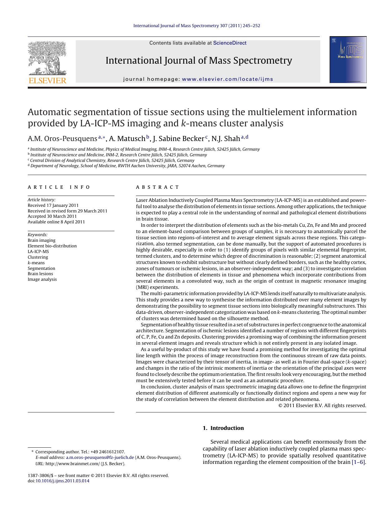 Automatic segmentation of tissue sections using the multielement information provided by LA-ICP-MS imaging and k-means cluster analysis by A.M. Oros-Peusquens