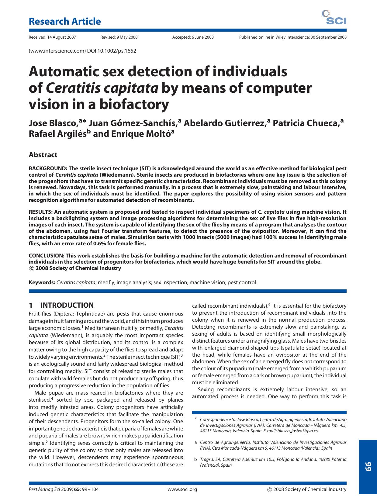 Automatic sex detection of individuals of Ceratitis capitata by means of computer vision in a biofactory by Unknown