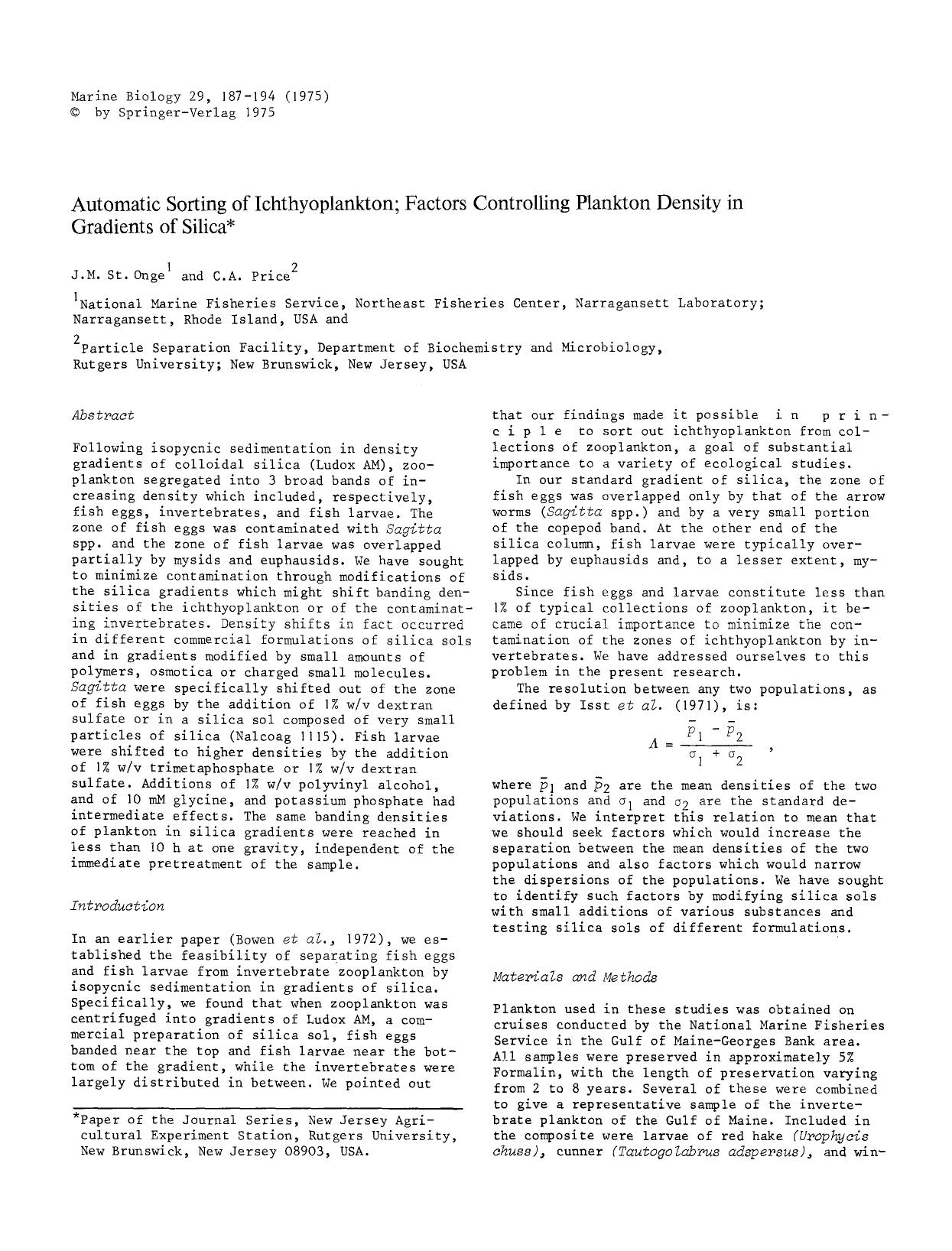 Automatic sorting of ichthyoplankton; Factors controlling plankton density in gradients of silica by Unknown