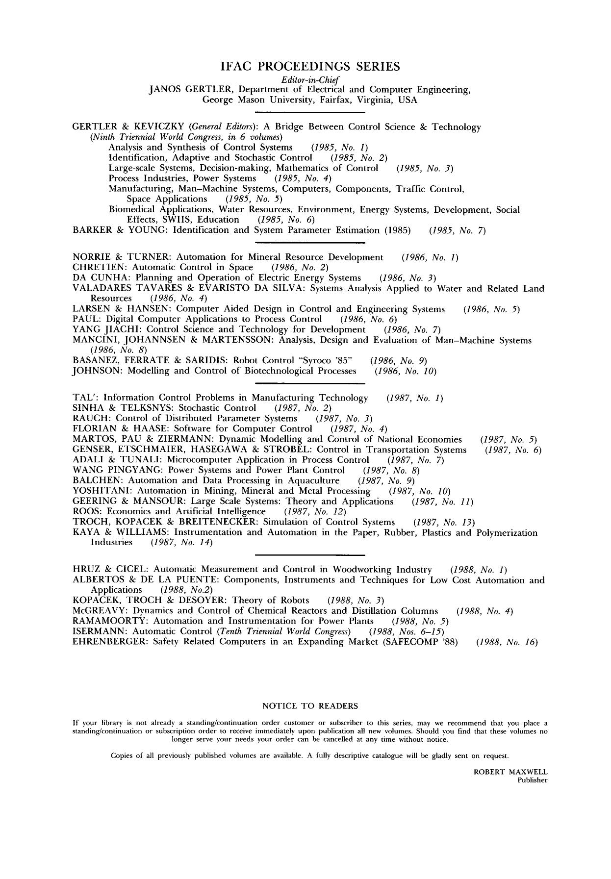 Automation and Instrumentation for Power Plants. Selected Papers from the IFAC Symposium, Bangalore, India, 15â17 December 1986 by M. Ramamoorty