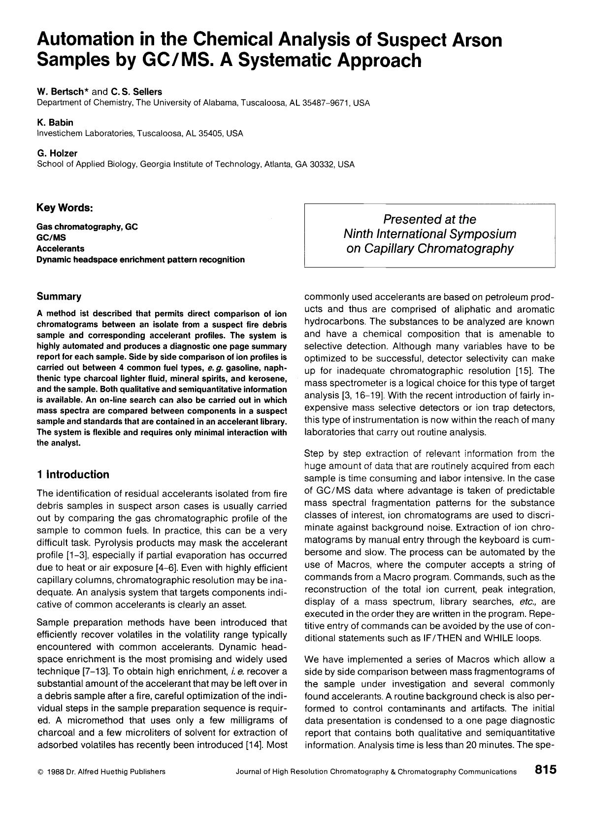 Automation in the chemical analysis of suspect arson samples by GCMS. A systematic approach by Unknown