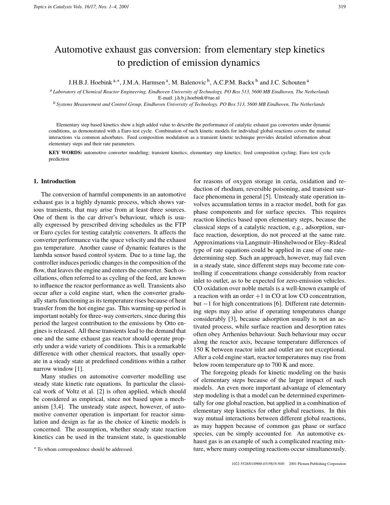 Automotive Exhaust Gas Conversion: From Elementary Step Kinetics to Prediction of Emission Dynamics by Unknown