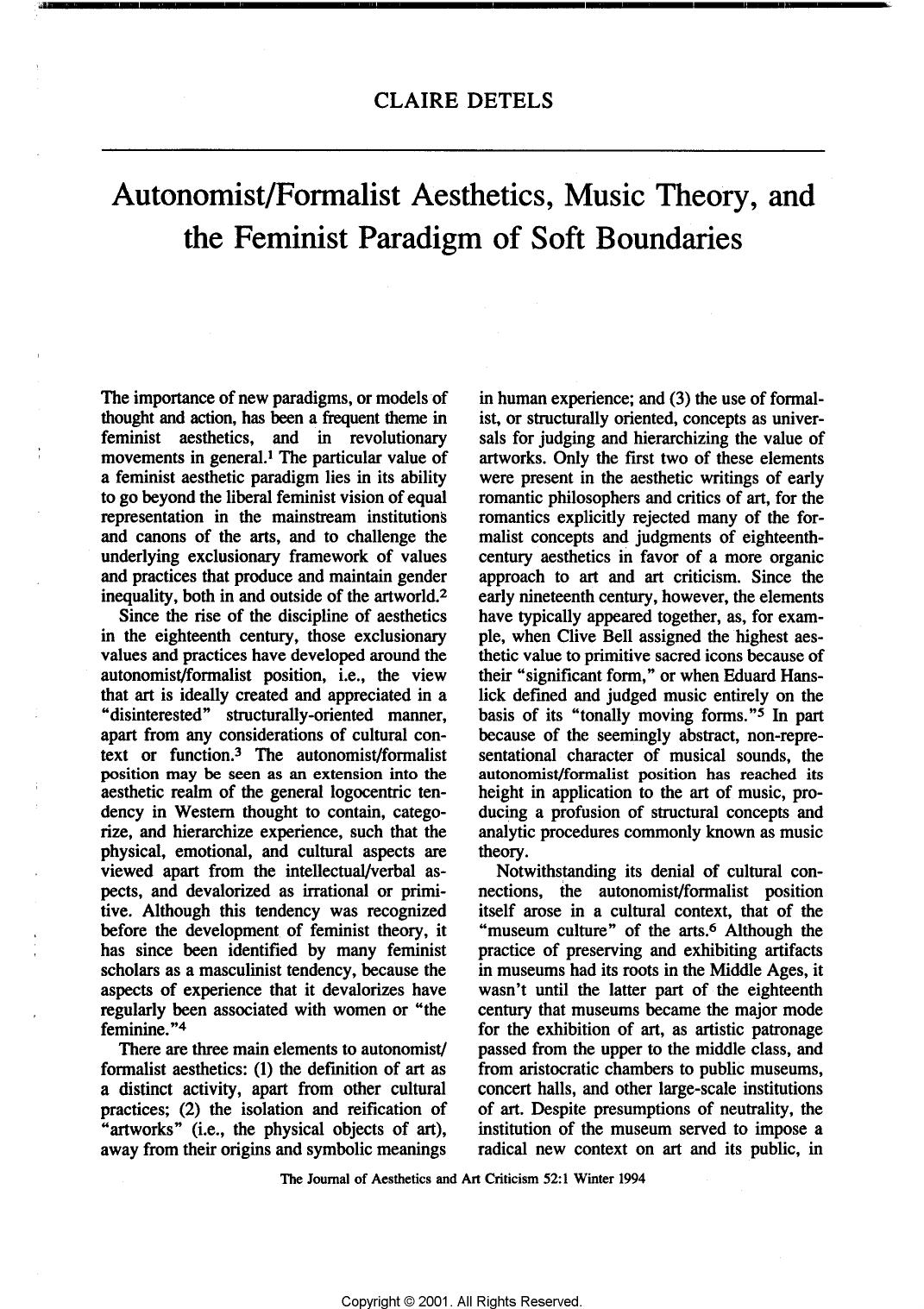 Autonomistformalist aesthetics, music theory, and the feminist paradigm of soft boundaries. by Unknown