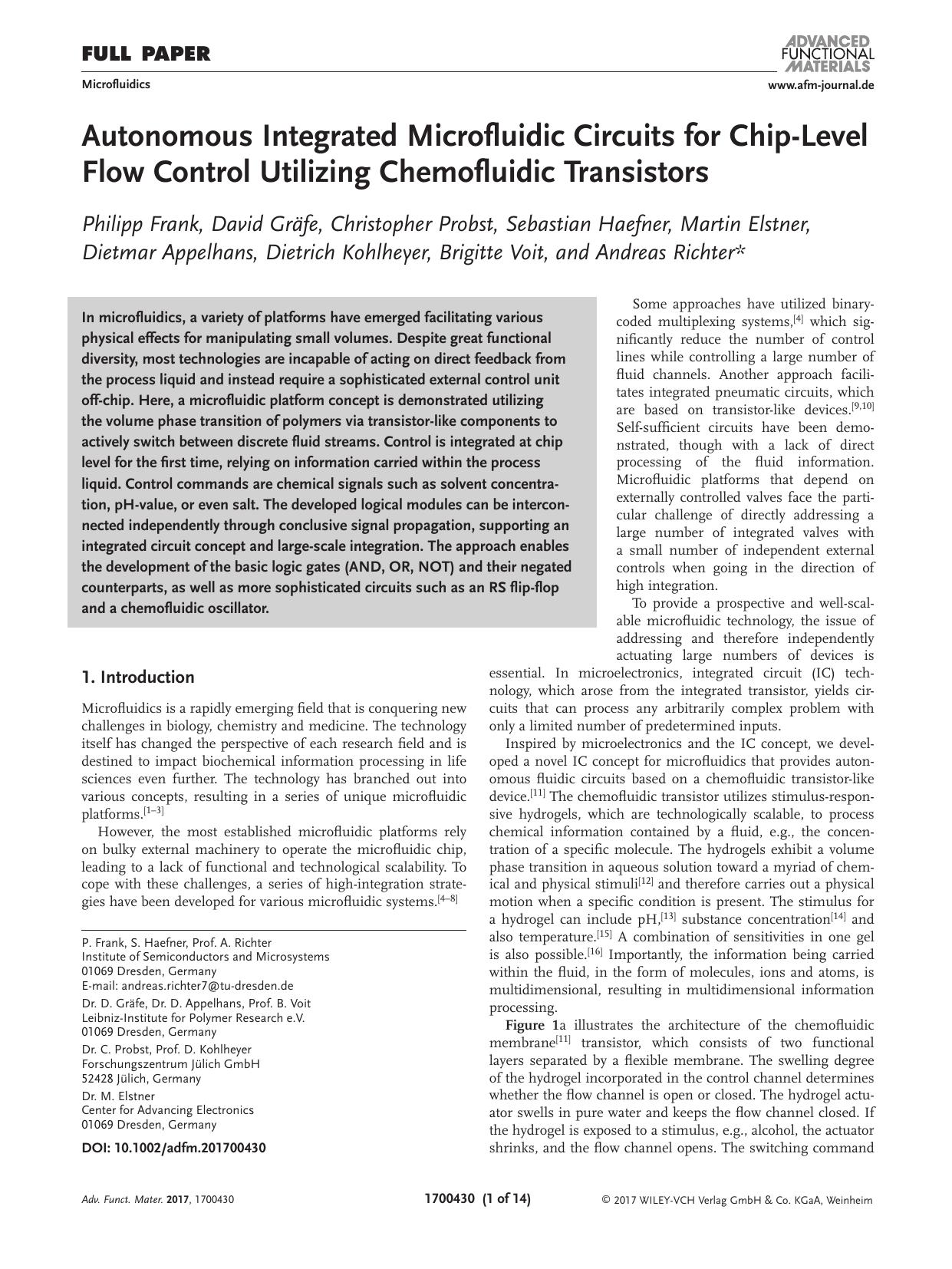 Autonomous Integrated Microfluidic Circuits for Chip‐Level Flow Control Utilizing Chemofluidic Transistors by Unknown
