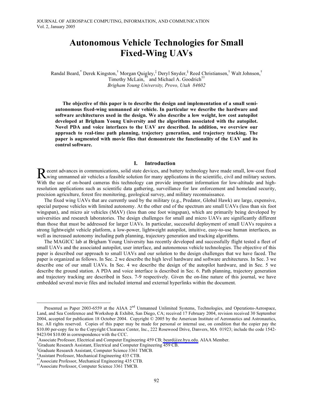 Autonomous Vehicle Technologies for Small Fixed-Wing UAVs by Beard et al