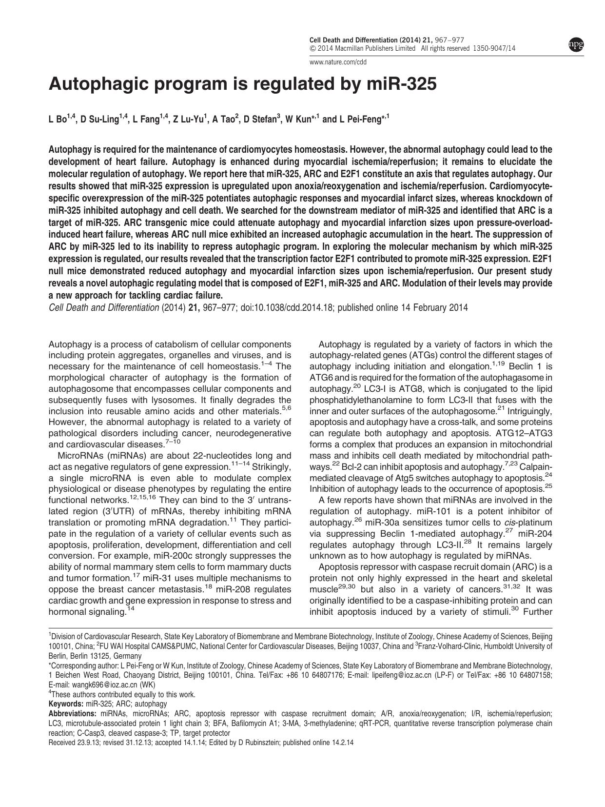 Autophagic program is regulated by miR-325 by L Bo & D Su-Ling & L Fang & Z Lu-Yu & A Tao & D Stefan & W Kun & L Pei-Feng &