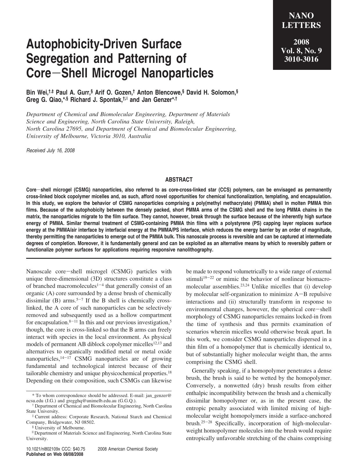 Autophobicity-Driven Surface Segregation and Patterning of Core-Shell Microgel Nanoparticles by Unknown