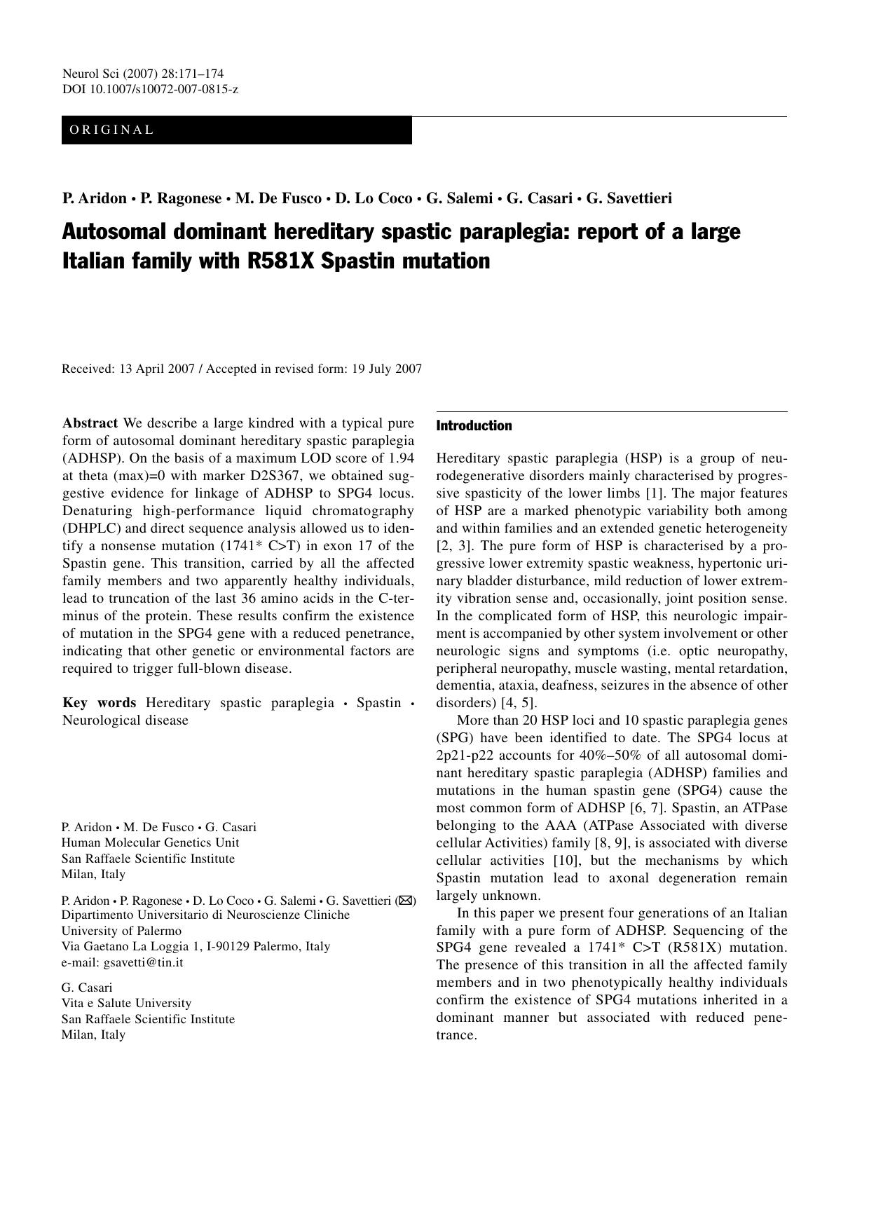 Autosomal dominant hereditary spastic paraplegia: report of a large italian family with R581X spastin mutation by Unknown