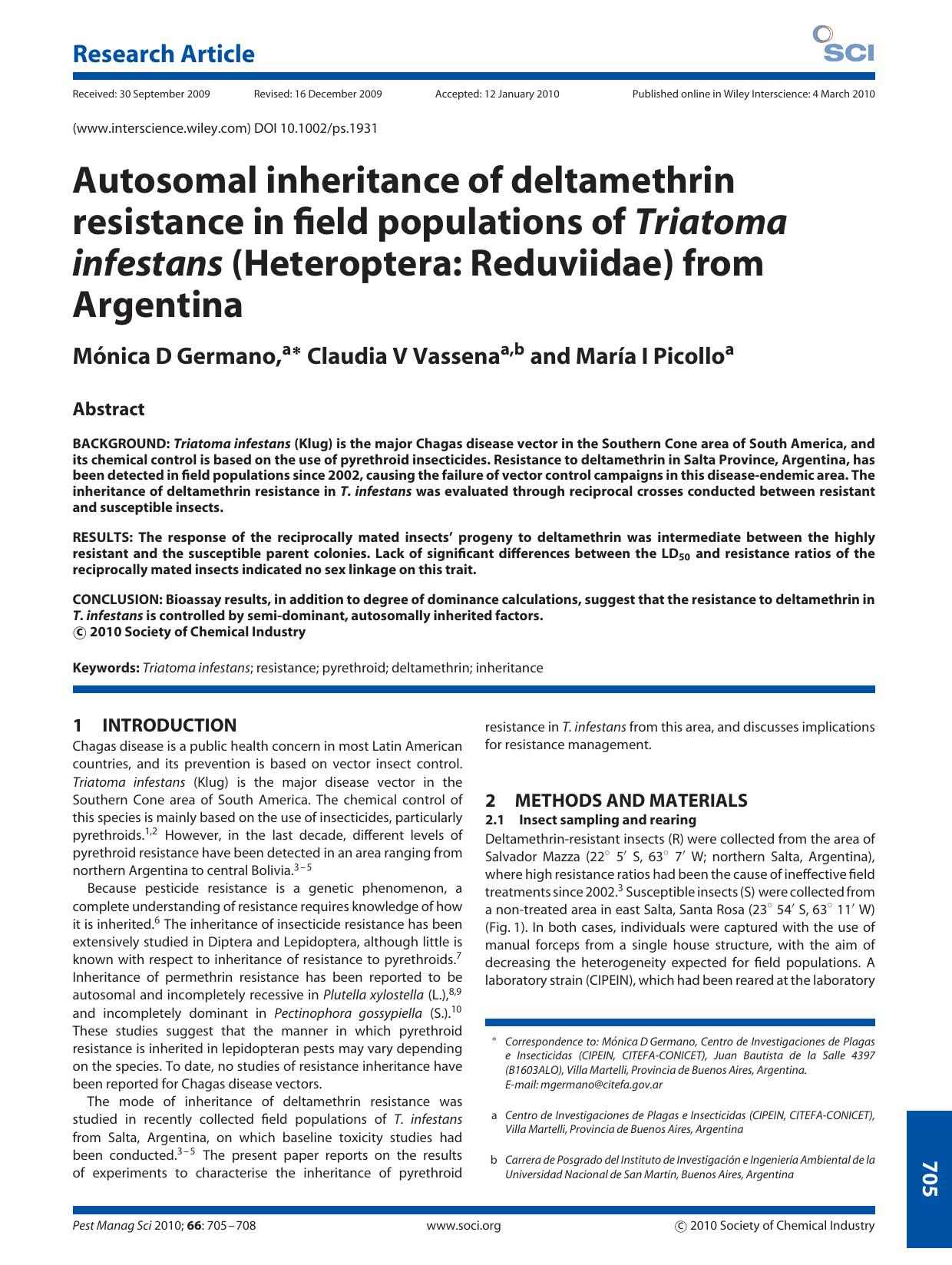 Autosomal inheritance of deltamethrin resistance in field populations of Triatoma infestans (Heteroptera: Reduviidae) from Argentina by Unknown