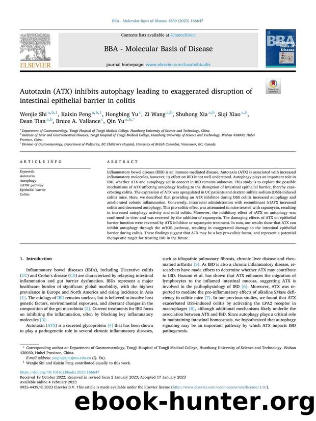 Autotaxin (ATX) inhibits autophagy leading to exaggerated disruption of intestinal epithelial barrier in colitis by unknow