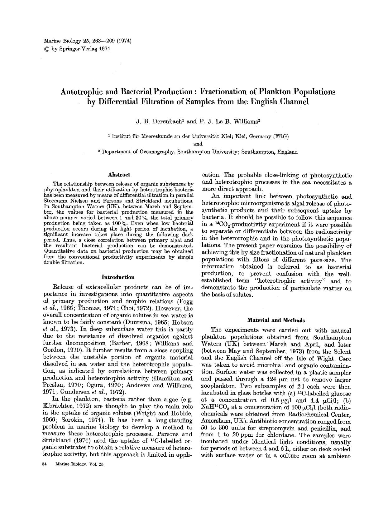 Autotrophic and bacterial production: Fractionation of plankton populations by differential filtration of samples from the English channel by Unknown