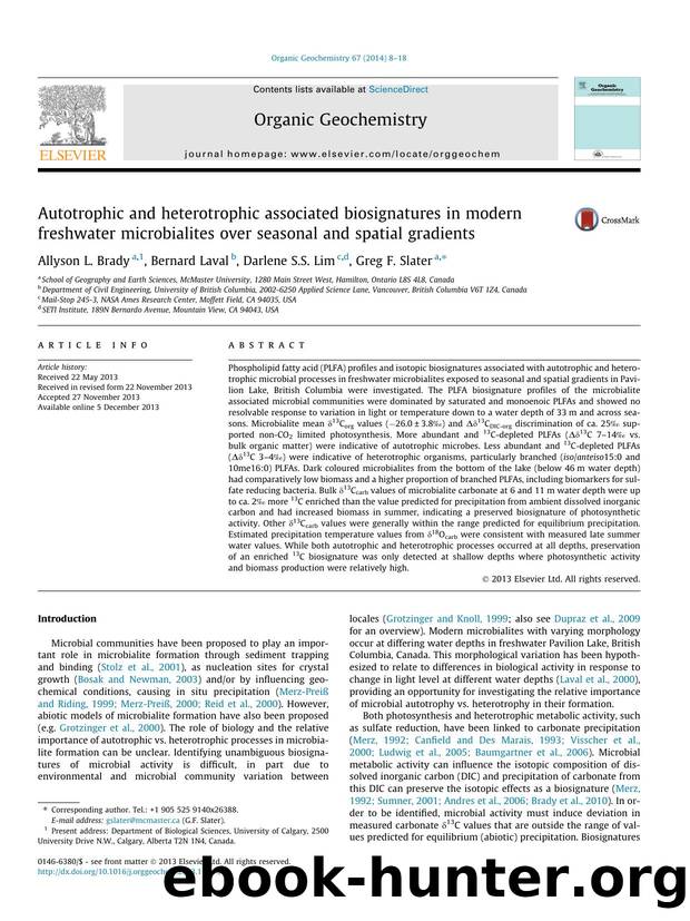 Autotrophic and heterotrophic associated biosignatures in modern freshwater microbialites over seasonal and spatial gradients by Allyson L. Brady & Bernard Laval & Darlene S.S. Lim & Greg F. Slater