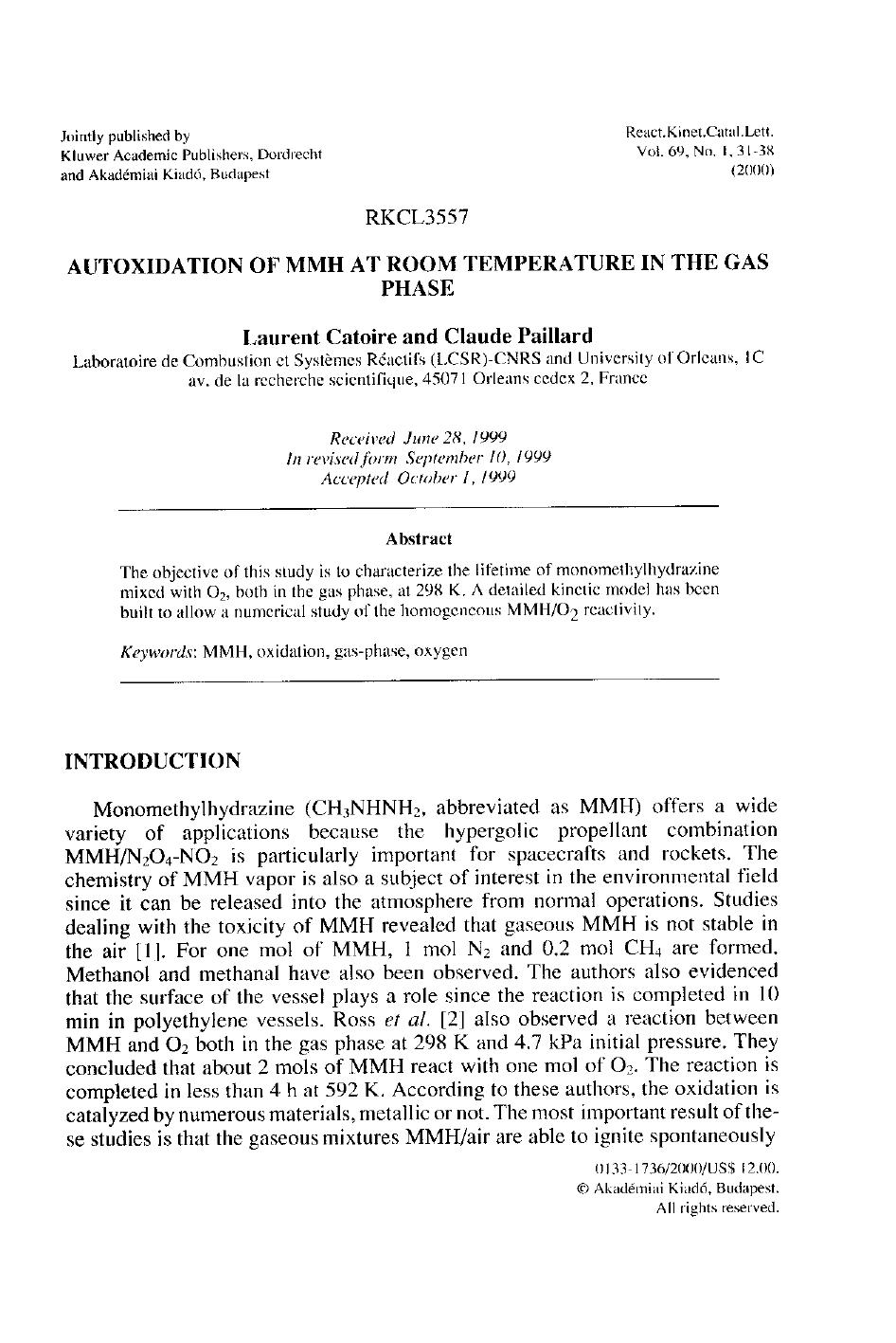 Autoxidation of MMH at Room Temperature in the Gas Phase by Unknown