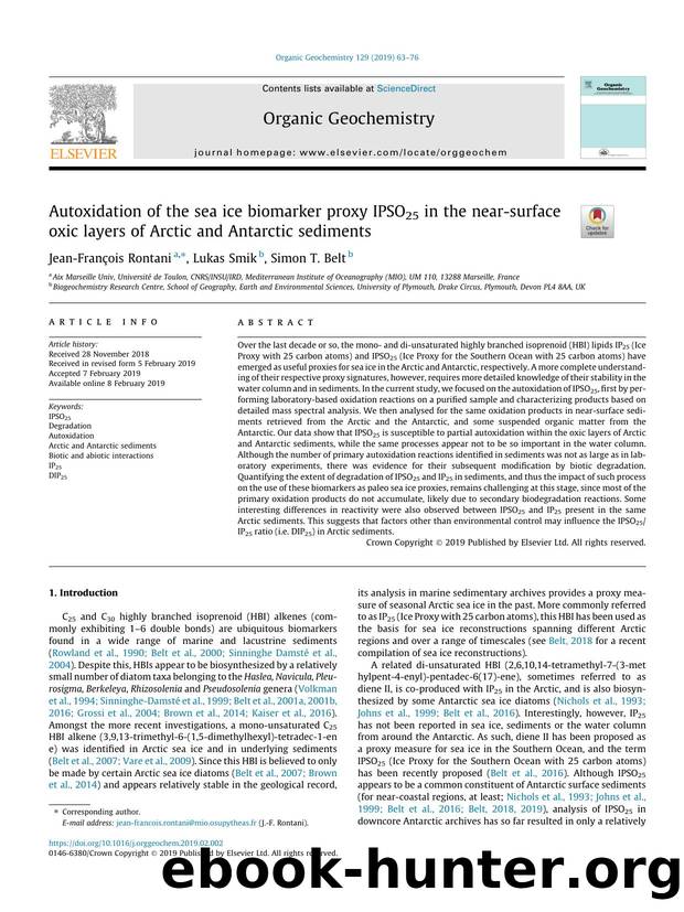 Autoxidation of the sea ice biomarker proxy IPSO25 in the near-surface oxic layers of Arctic and Antarctic sediments by Jean-FranÃ§ois Rontani & Lukas Smik & Simon T. Belt