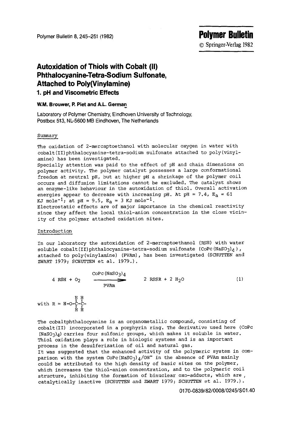 Autoxidation of thiols with cobalt (II) phthalocyanine-tetra-sodium sulfonate, attached to poly(vinylamine) by Unknown
