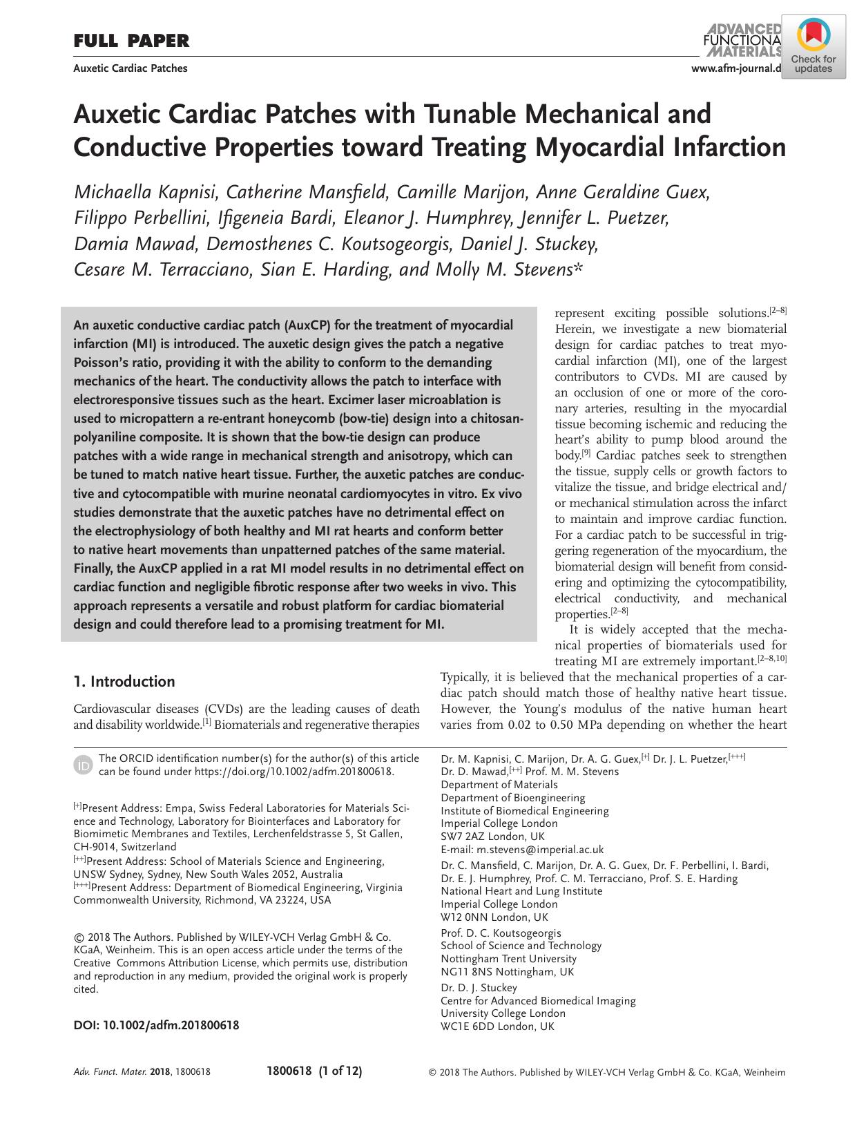 Auxetic Cardiac Patches with Tunable Mechanical and Conductive Properties toward Treating Myocardial Infarction by Unknown