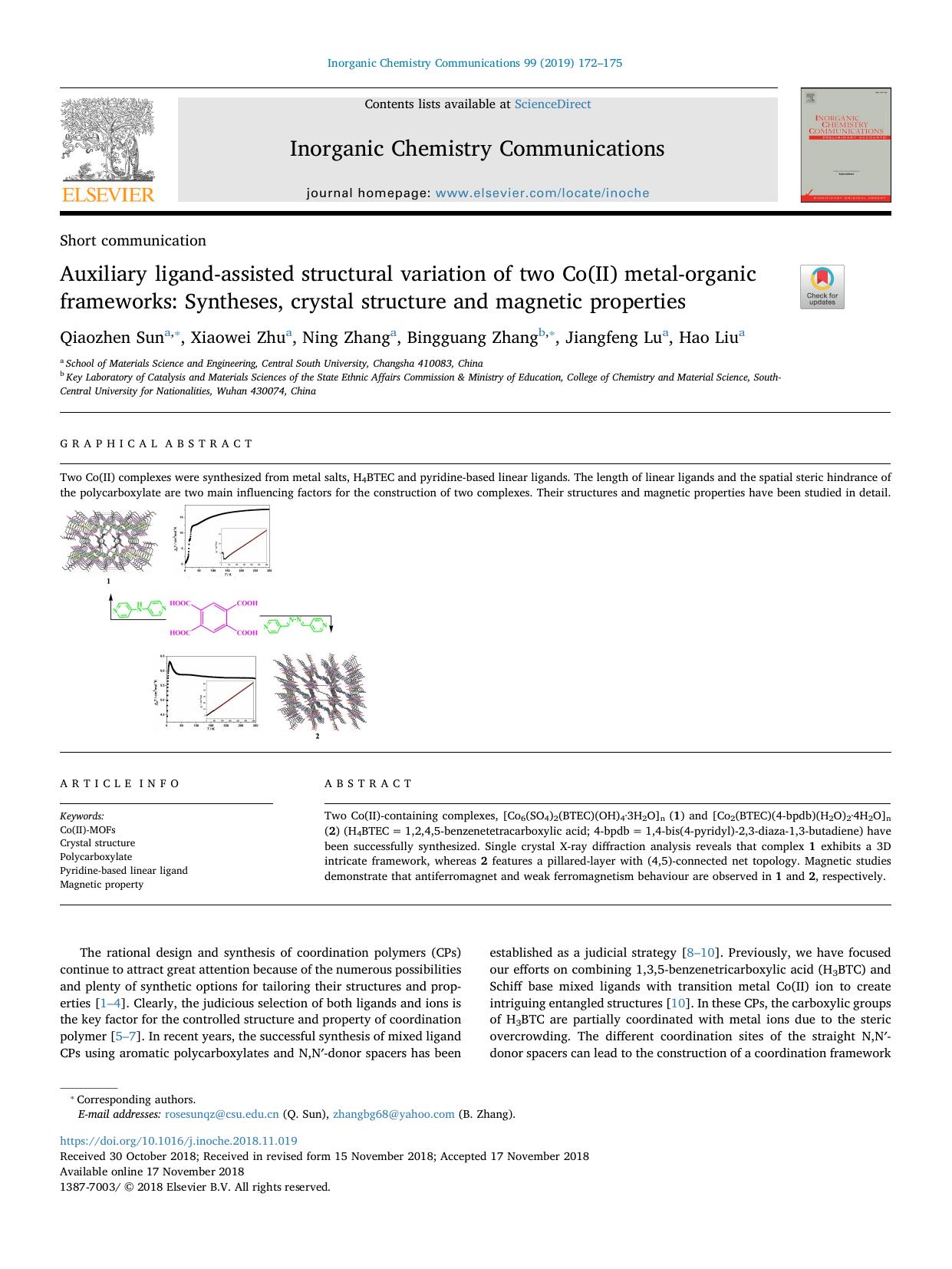 Auxiliary ligand-assisted structural variation of two Co(II) metal-organic frameworks_ Syntheses, crystal structure and magnetic properties by Qiaozhen Sun & Xiaowei Zhu & Ning Zhang & Bingguang Zhang & Jiangfeng Lu & Hao Liu