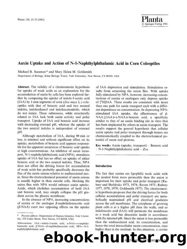 Auxin uptake and action of N-1-naphthylphthalamic acid in corn coleoptiles by Unknown