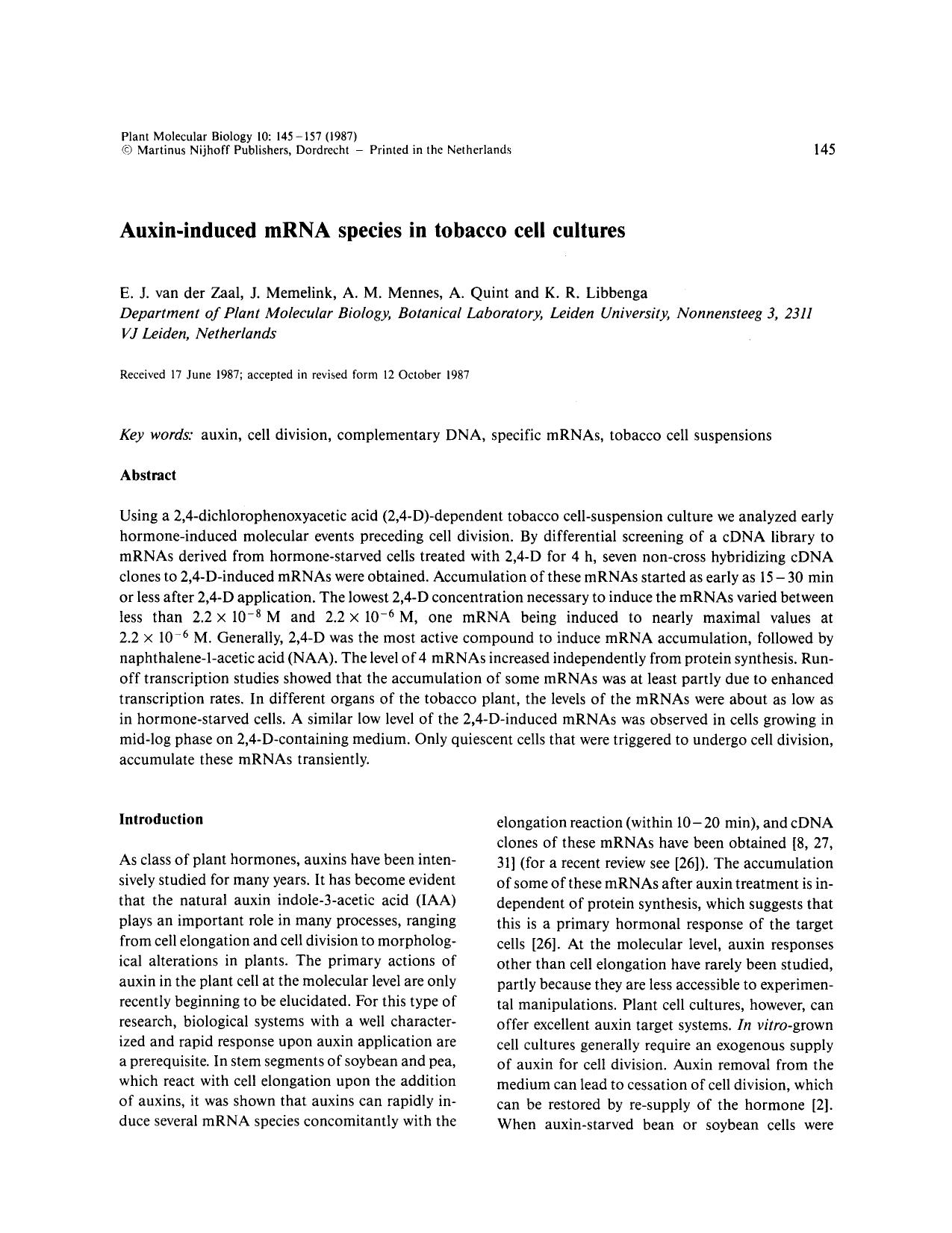 Auxin-induced mRNA species in tobacco cell cultures by Unknown