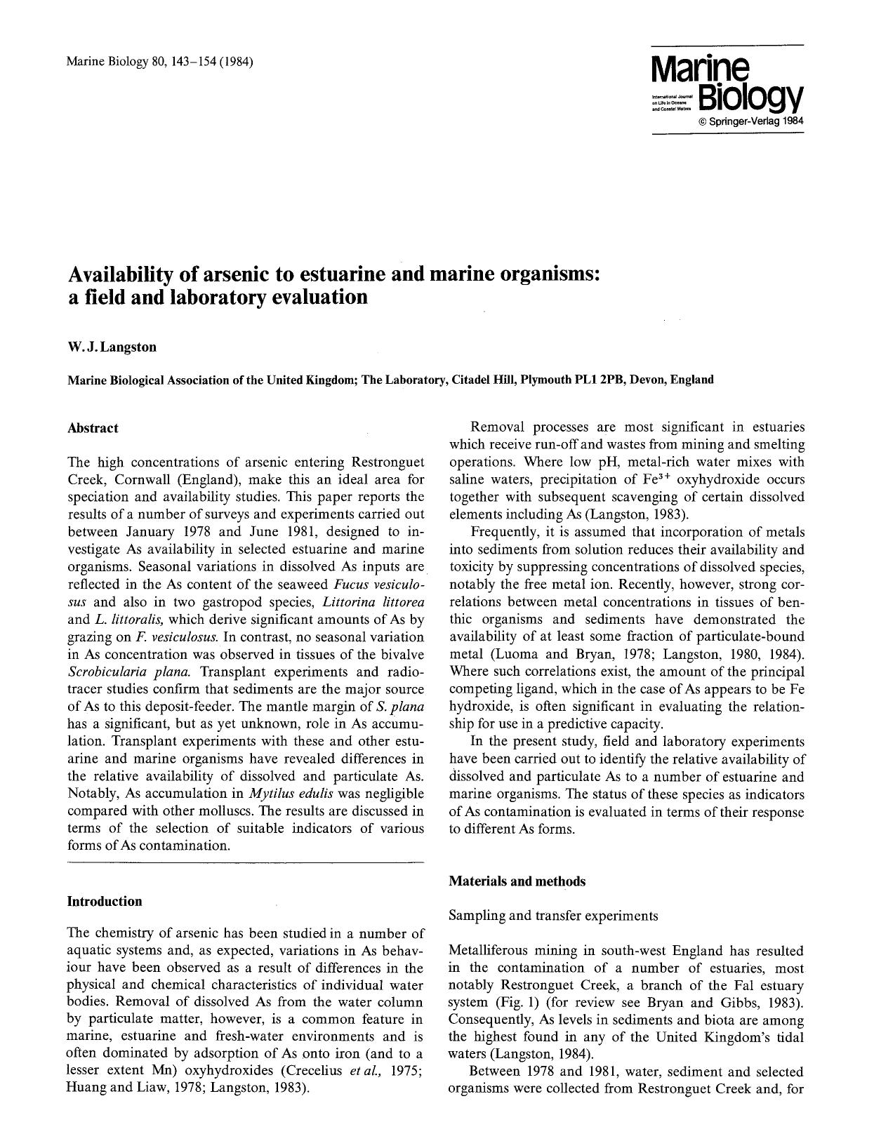 Availability of arsenic to estuarine and marine organisms: A field and laboratory evaluation by Unknown
