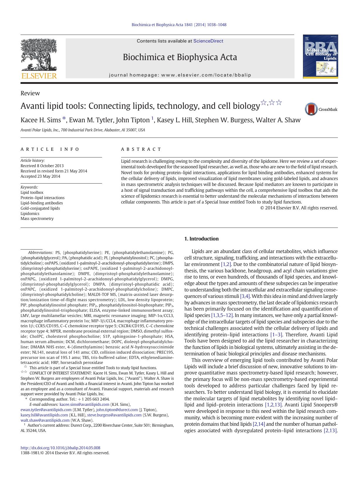 Avanti lipid tools: Connecting lipids, technology, and cell biology by Kacee H. Sims & Ewan M. Tytler & John Tipton & Kasey L. Hill & Stephen W. Burgess & Walter A. Shaw