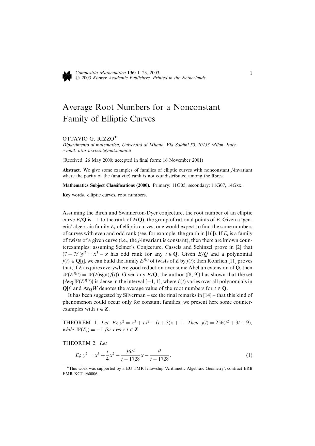 Average Root Numbers for a Nonconstant Family of Elliptic Curves by Unknown