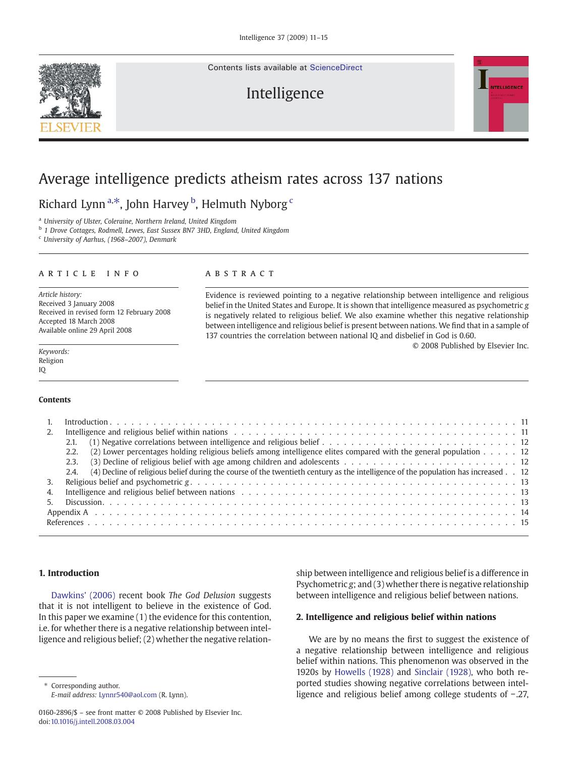Average intelligence predicts atheism rates across 137 nations by Richard Lynn; John Harvey; Helmuth Nyborg