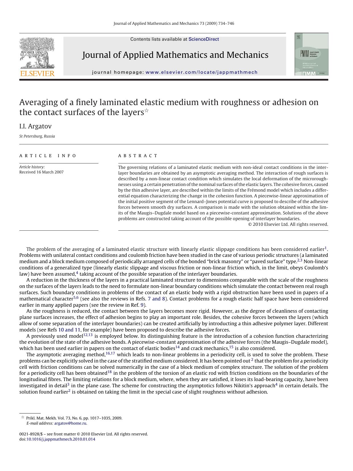 Averaging of a finely laminated elastic medium with roughness or adhesion on the contact surfaces of the layers by I.I. Argatov