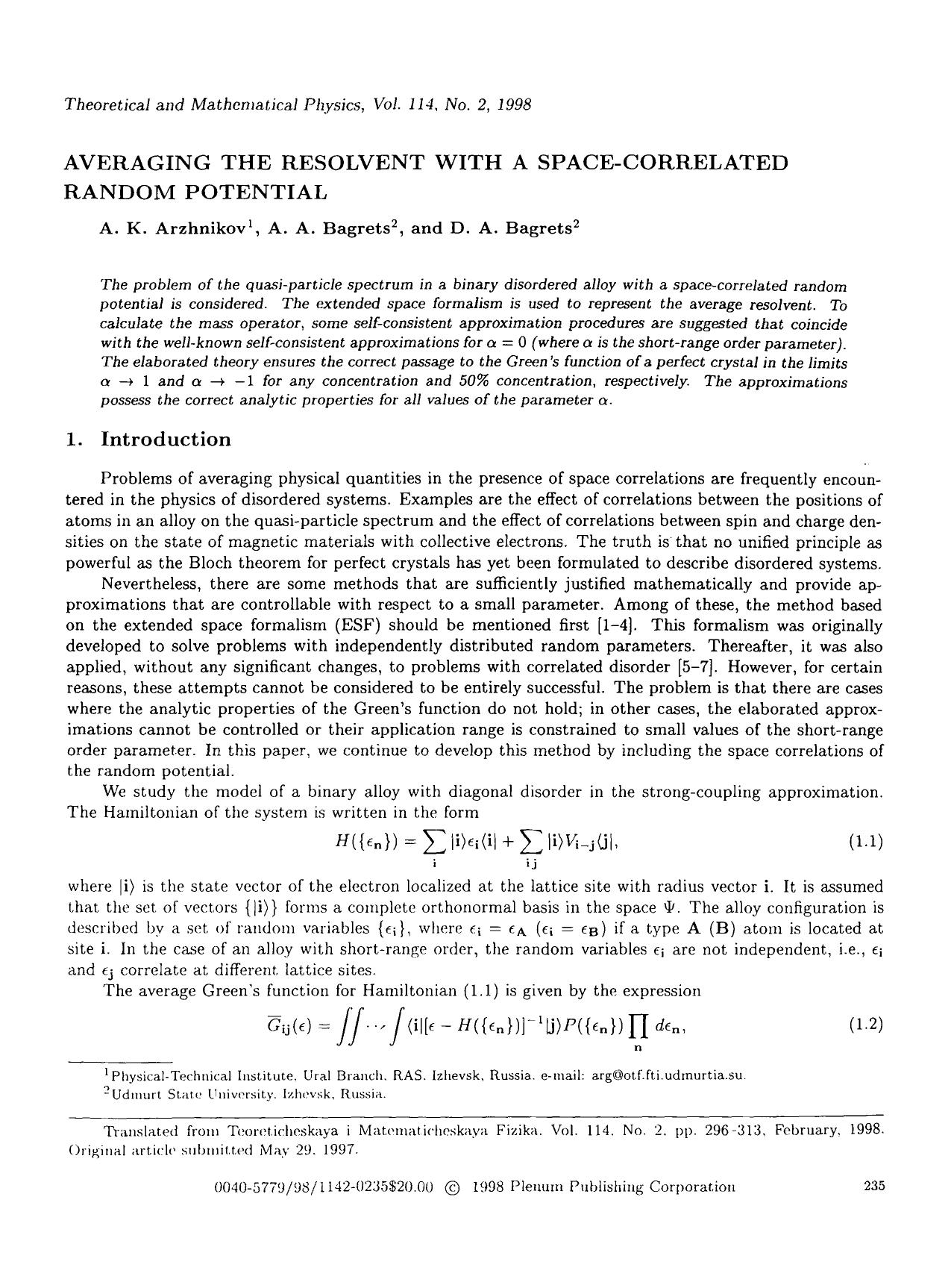 Averaging the resolvent with a space-correlated random potential by Unknown