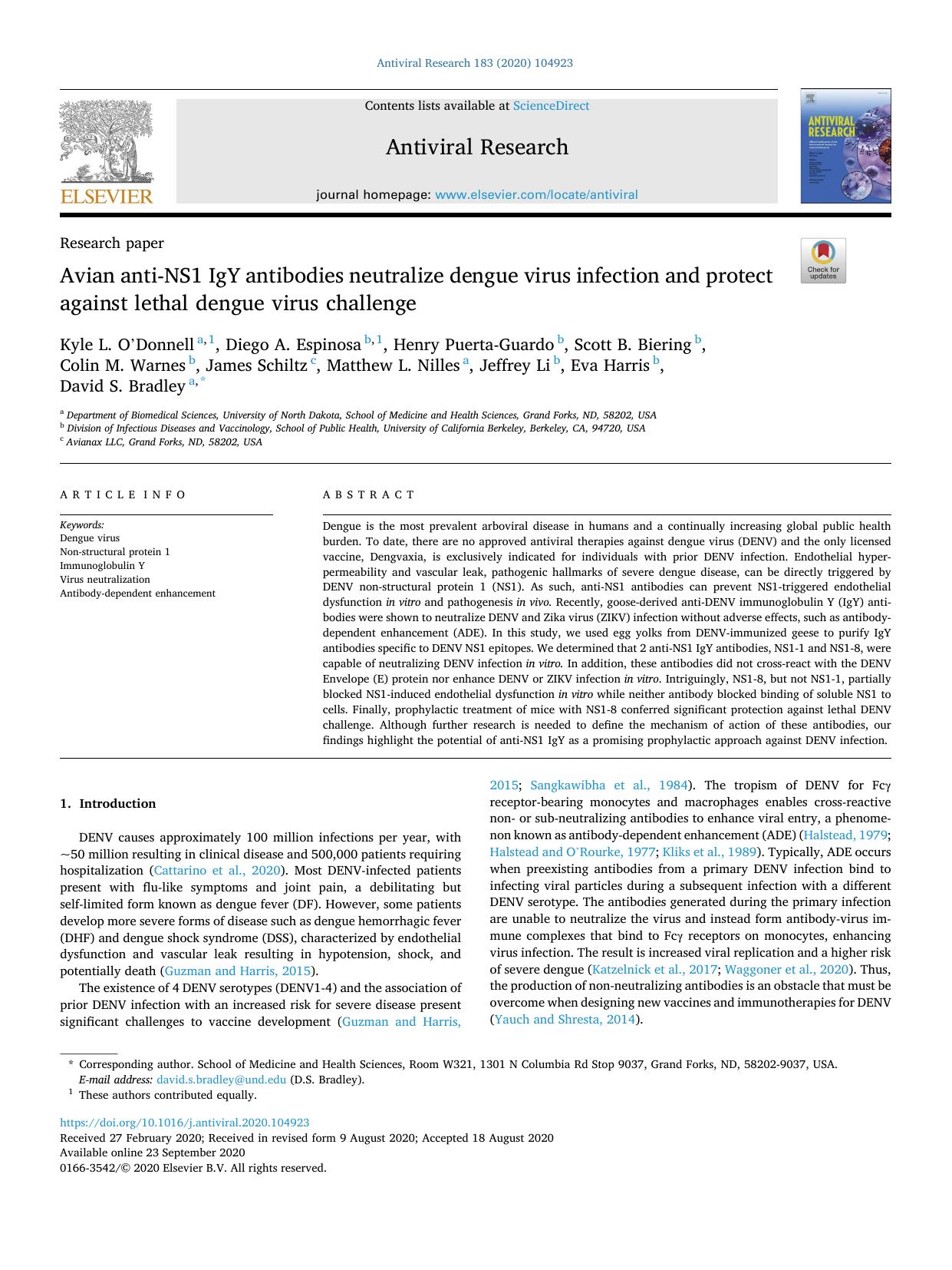 Avian anti-NS1 IgY antibodies neutralize dengue virus infection and protect against lethal dengue virus challenge by Kyle L. O'Donnell