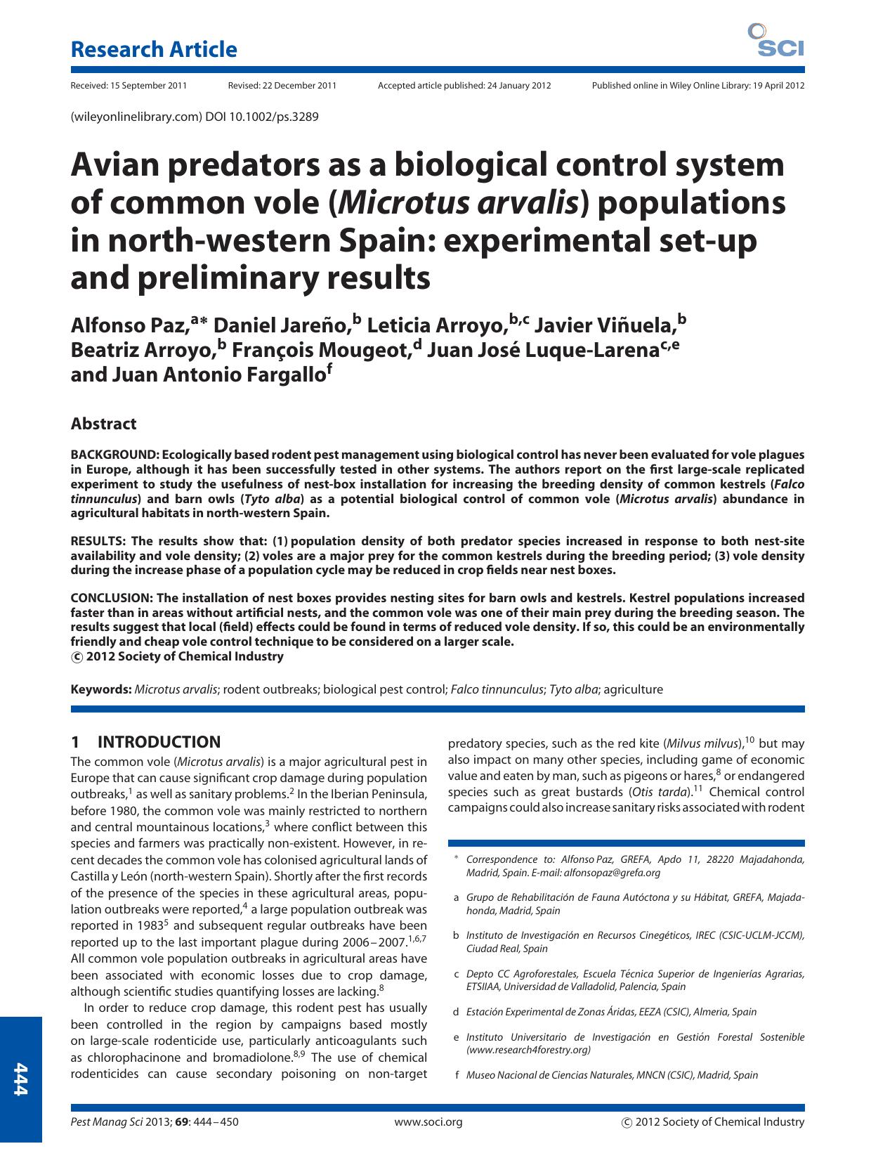 Avian predators as a biological control system of common vole (Microtus arvalis) populations in northwestern Spain: experimental setup and preliminary results by Unknown