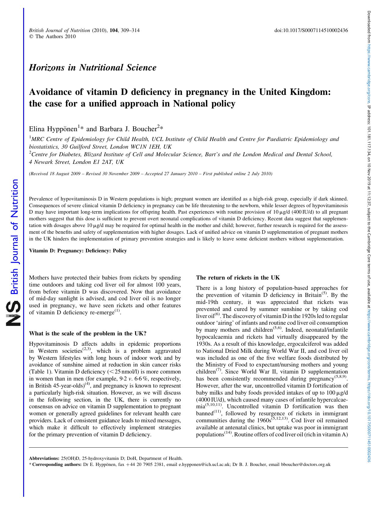Avoidance of vitamin D deficiency in pregnancy in the United Kingdom: the case for a unified approach in National policy by Elina Hyppönen Barbara J. Boucher