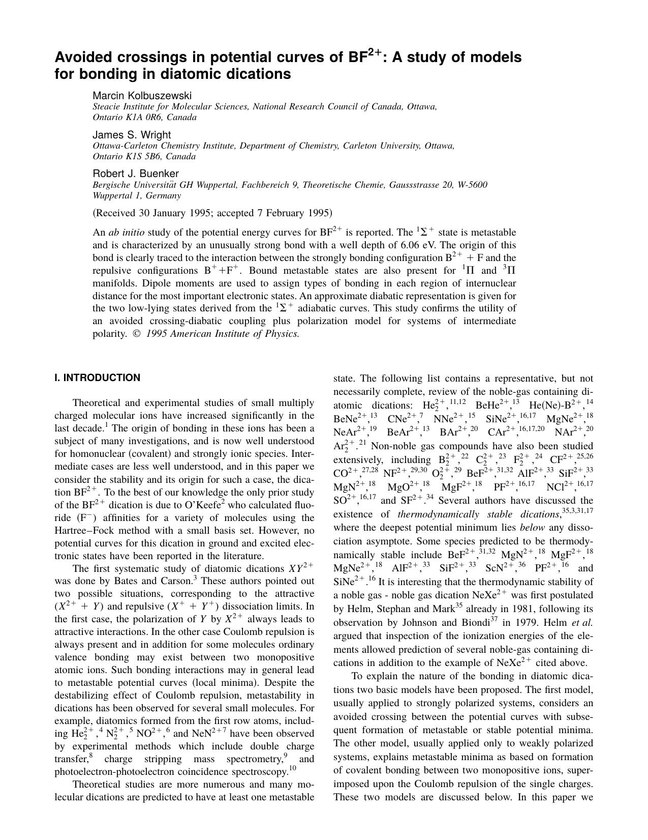 Avoided crossings in potential curves of BF2+: A by Marcin Kolbuszewski James S. Wright Robert J