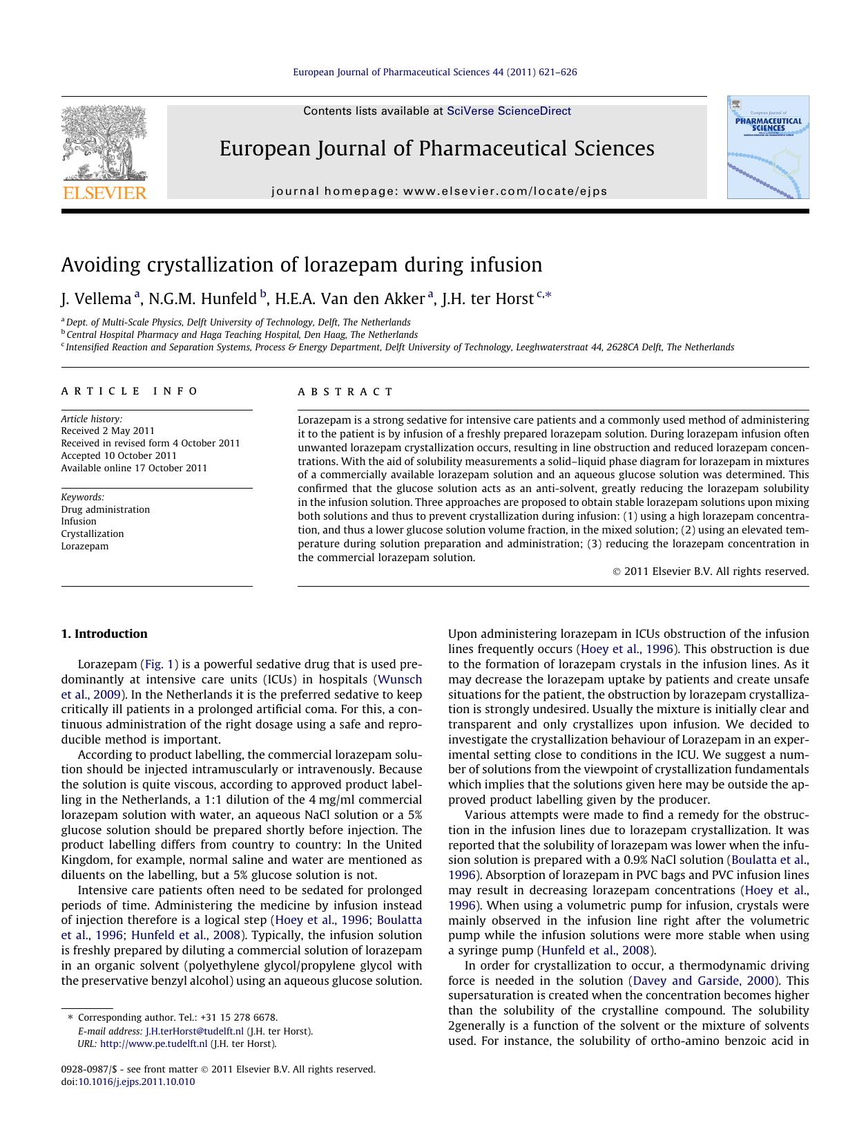 Avoiding crystallization of lorazepam during infusion by J. Vellema & N.G.M. Hunfeld & H.E.A. Van den Akker & J.H. ter Horst