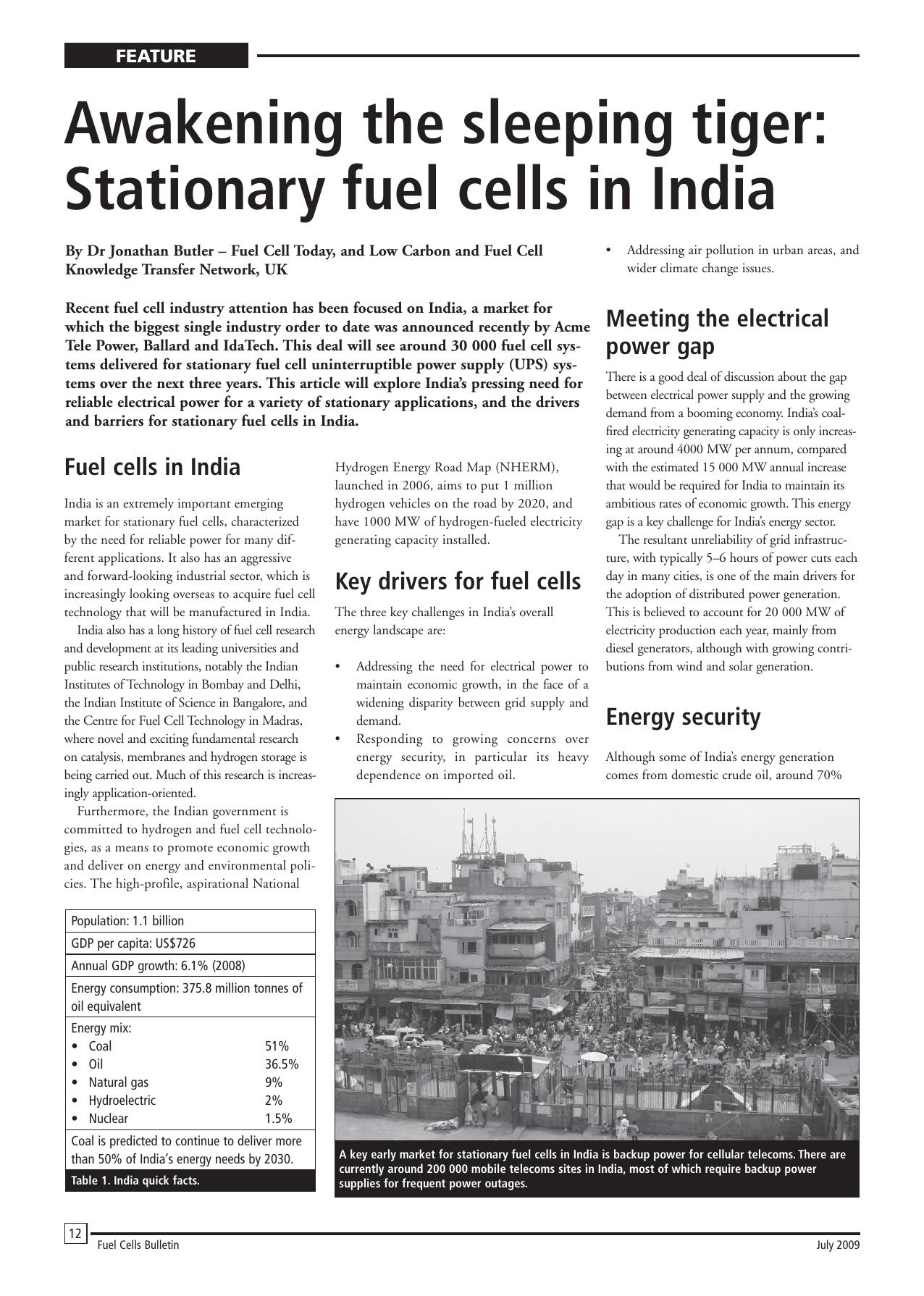 Awakening the sleeping tiger: Stationary fuel cells in India by Jonathan Butler