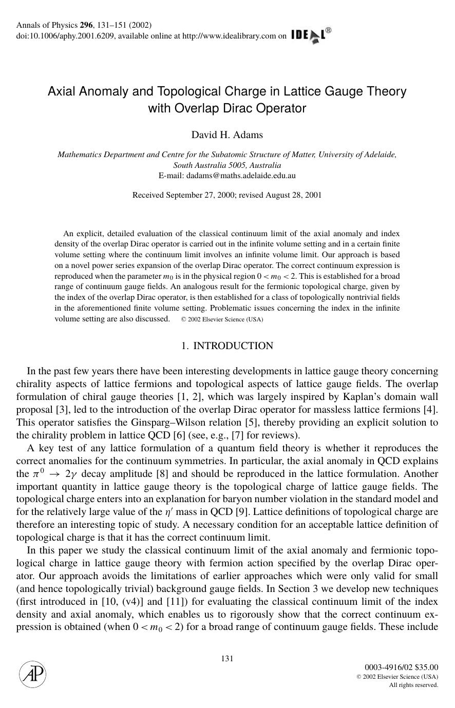 Axial Anomaly and Topological Charge in Lattice Gauge Theorywith Overlap Dirac Operator by Adams D. H. et al