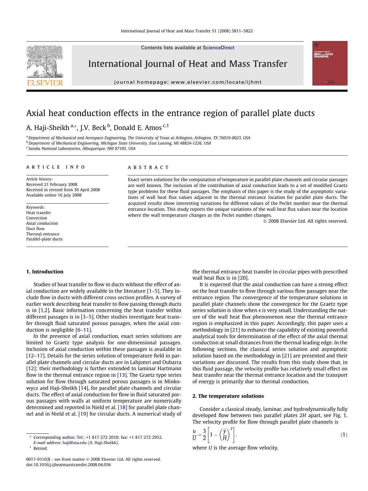 Axial heat conduction effects in the entrance region of parallel plate ducts by A. Haji-Sheikh; J.V. Beck; Donald E. Amos
