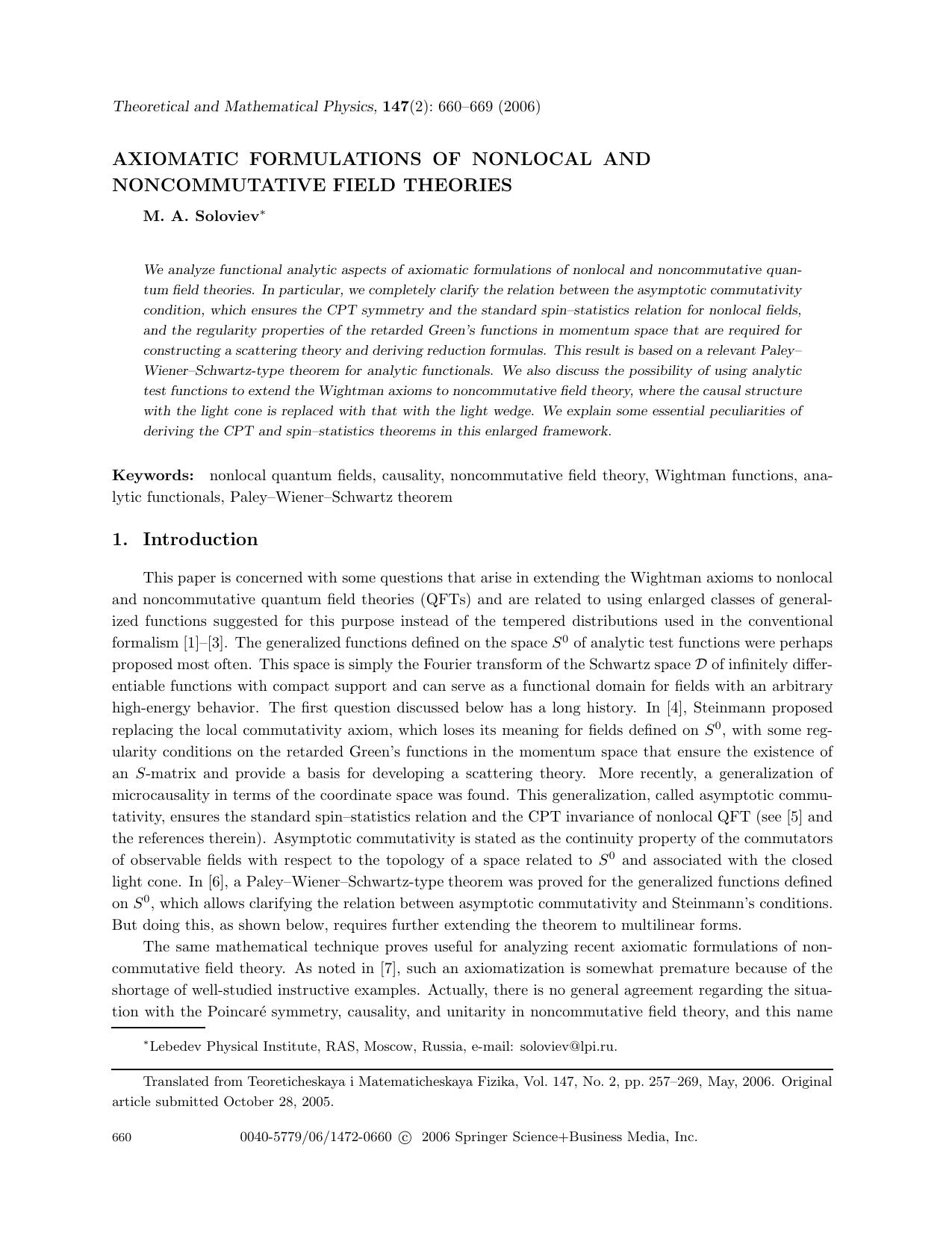 Axiomatic formulations of nonlocal and noncommutative field theories by Unknown