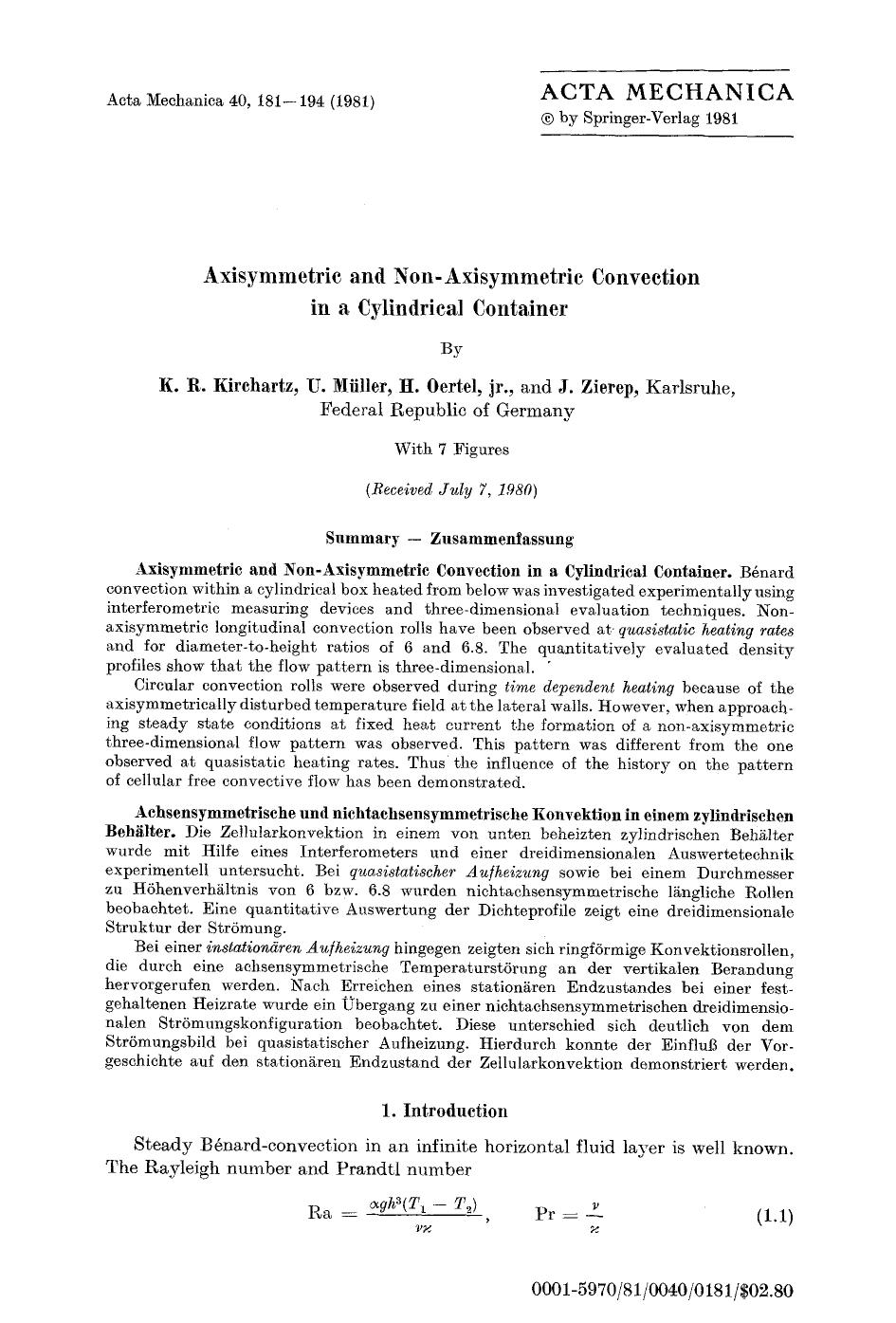 Axisymmetric and non-axisymmetric convection in a cylindrical container by Unknown