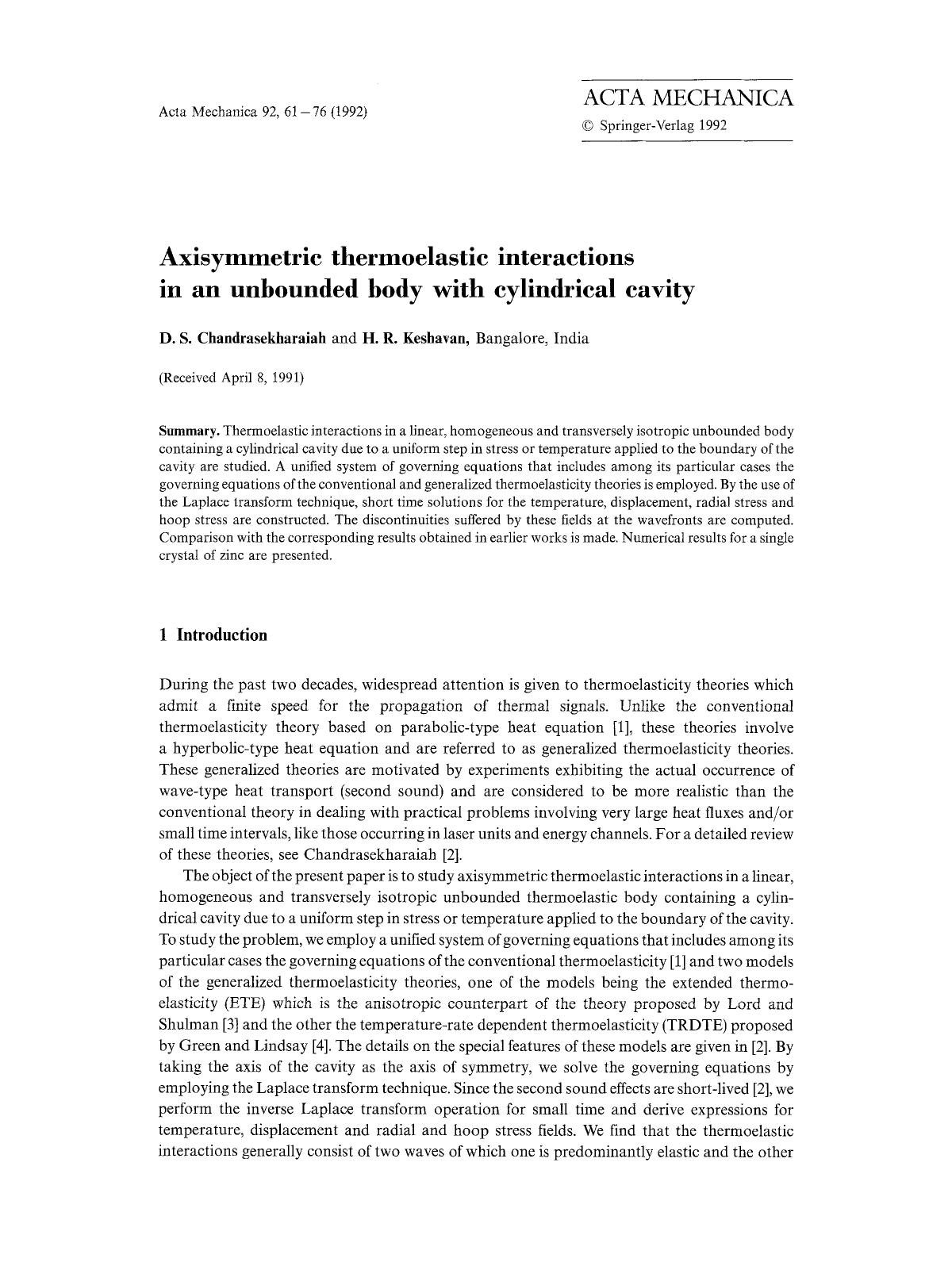 Axisymmetric thermoelastic interactions in an unbounded body with cylindrical cavity by Unknown