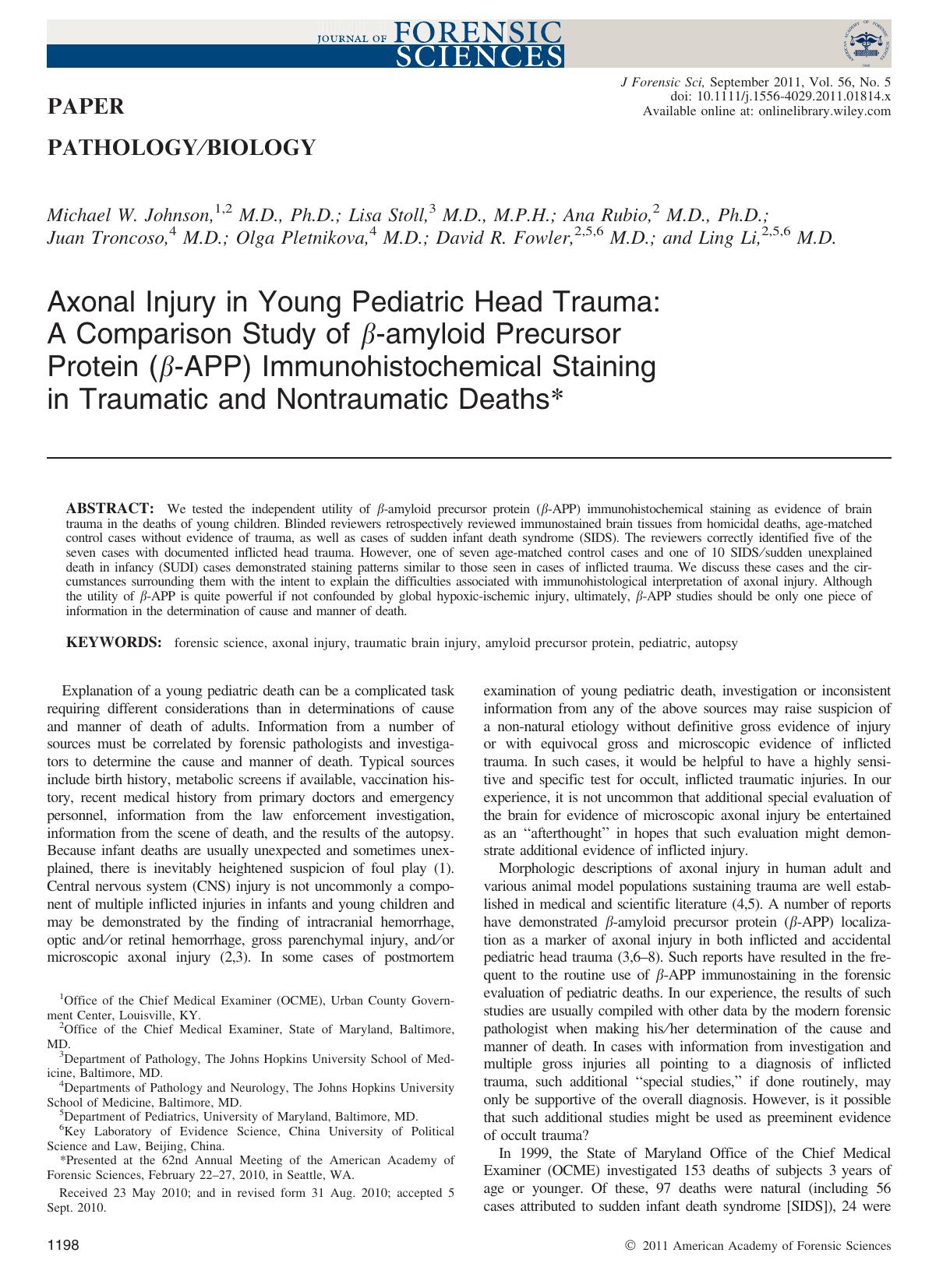 Axonal Injury in Young Pediatric Head Trauma: A Comparison Study of amyloid Precursor Protein (APP) Immunohistochemical Staining in Traumatic and Nontraumatic Deaths by Unknown