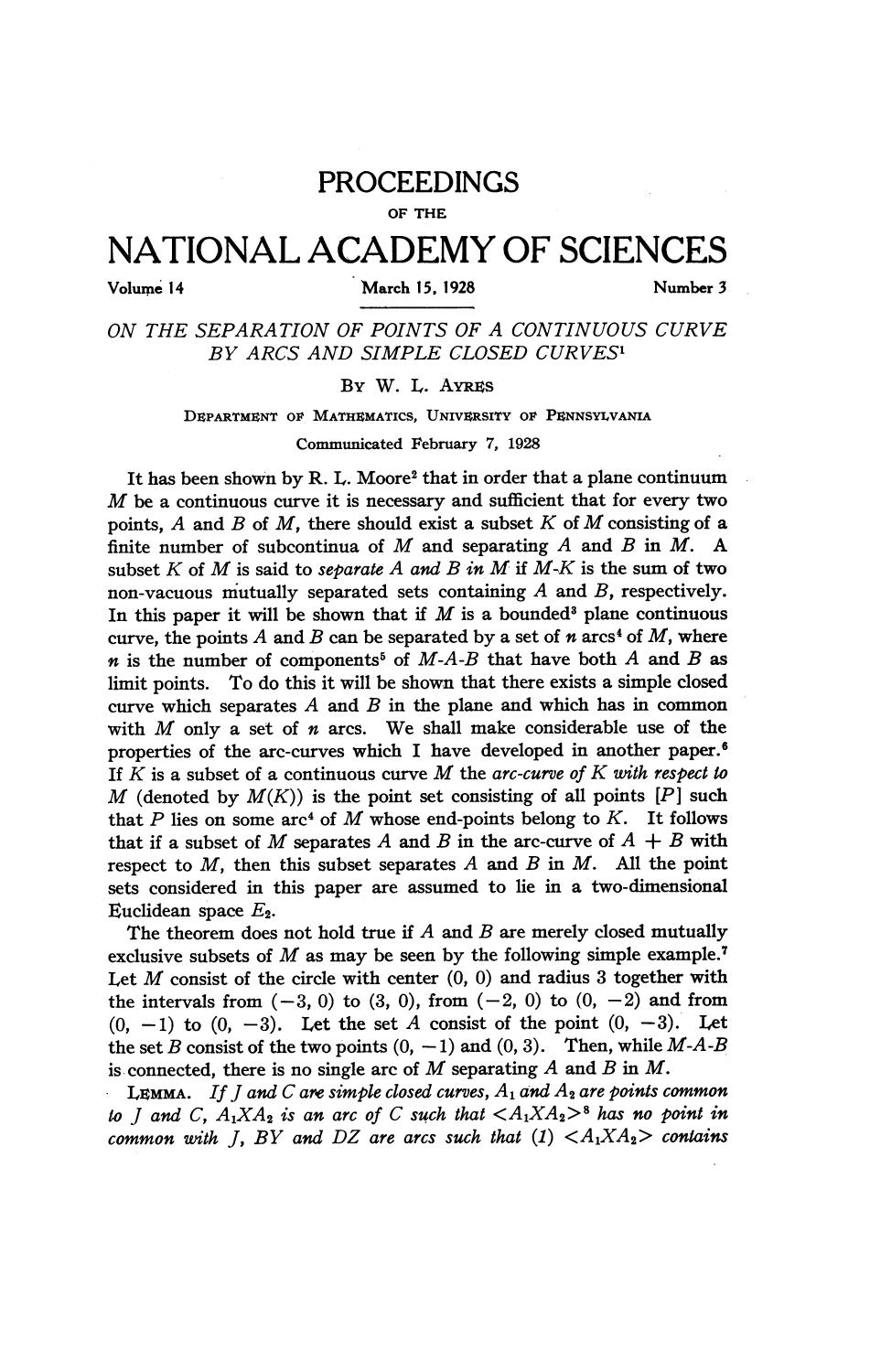 Ayres W. L. by On the Separation of Points of a Continuous Curve by Arcs & Simple Closed Curves (1928)(6s)