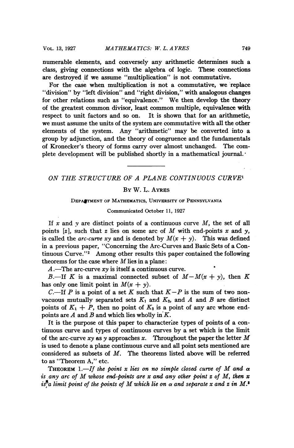 Ayres W. L. by On the Structure of a Plane Continuous Curve (1927)(6s)