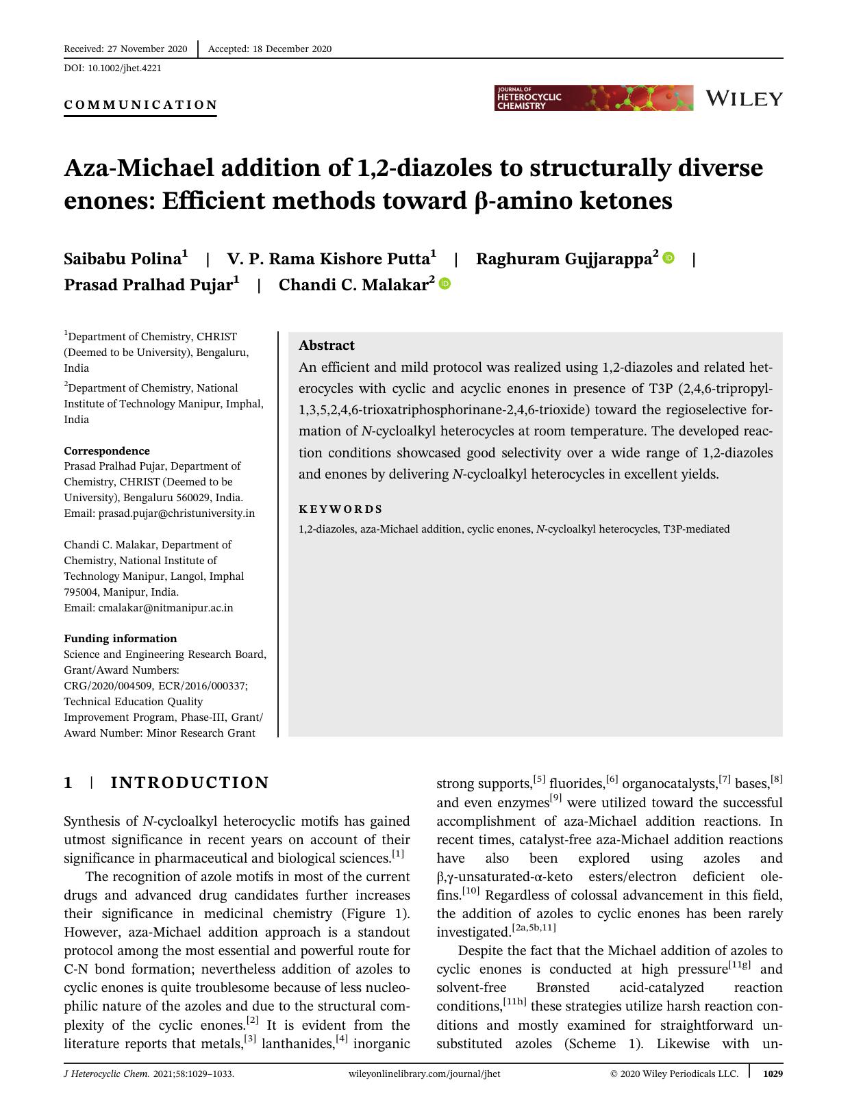 Aza-Michael Addition of 1,2-Diazoles to Structurally Diverse Enones: Efficient Methods towards Î²-Amino Ketones by Unknown