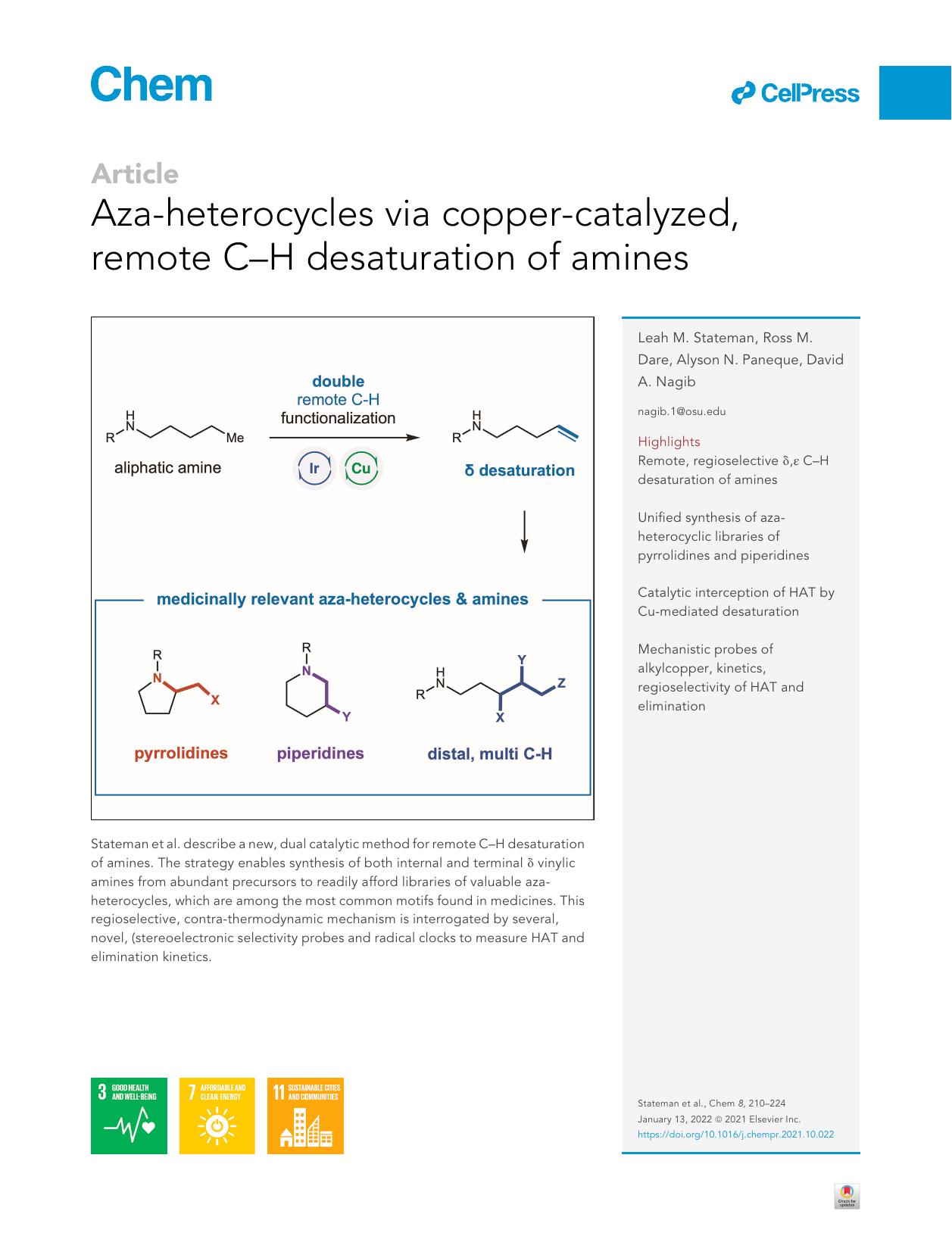 Aza-heterocycles via copper-catalyzed, remote C-H desaturation of amines by Leah M. Stateman & Ross M. Dare & Alyson N. Paneque & David A. Nagib