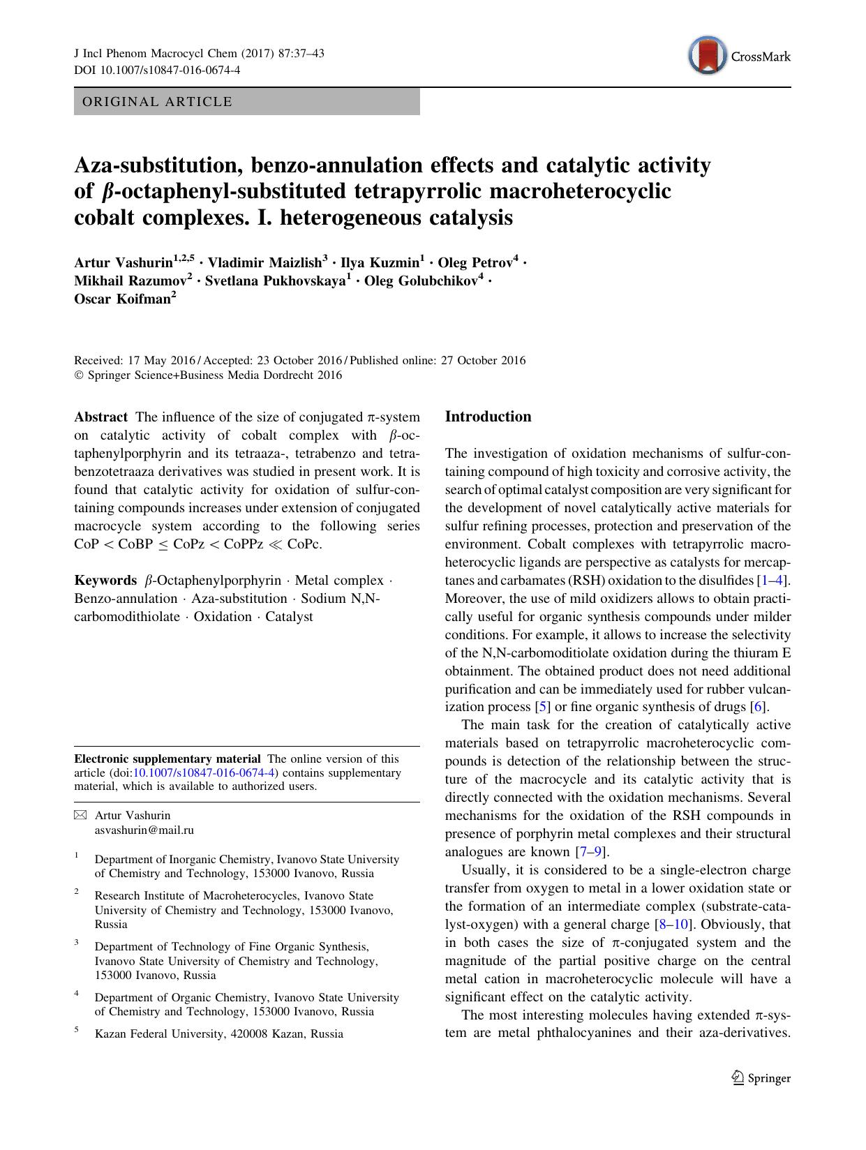 Aza-substitution, benzo-annulation effects and catalytic activity of Î²-octaphenyl-substituted tetrapyrrolic macroheterocyclic cobalt complexes. I. heterogeneous catalysis by unknow