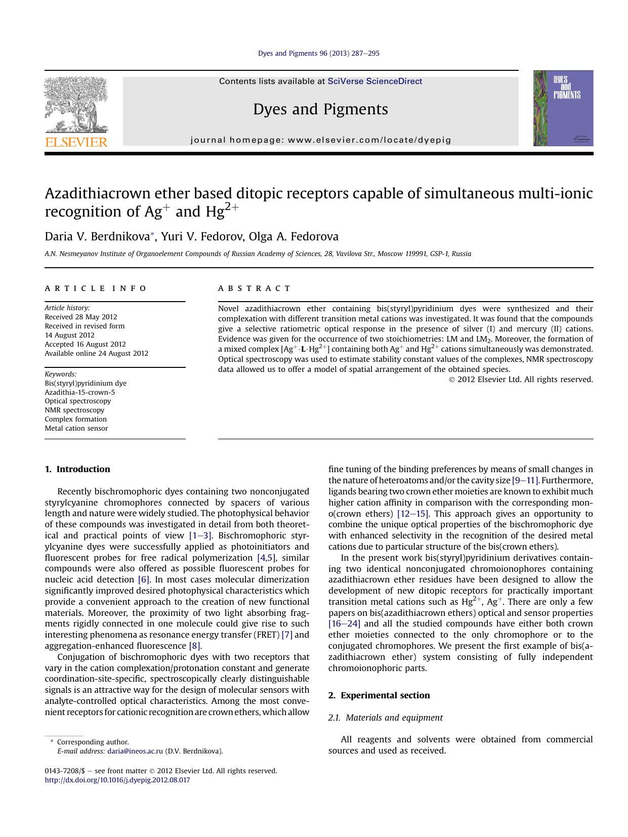 Azadithiacrown ether based ditopic receptors capable of simultaneous multi-ionic recognition of Ag+ and Hg2+ by Daria V. Berdnikova & Yuri V. Fedorov & Olga A. Fedorova