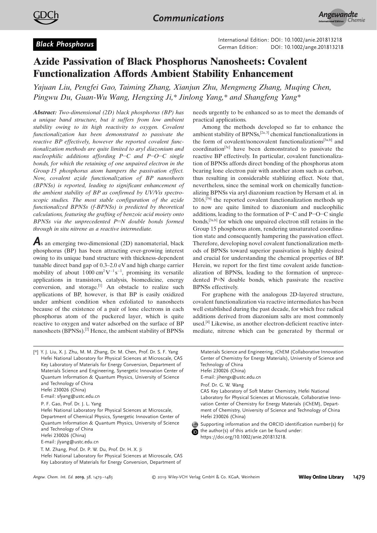 Azide Passivation of Black Phosphorus Nanosheets: Covalent Functionalization Affords Ambient Stability Enhancement by Unknown