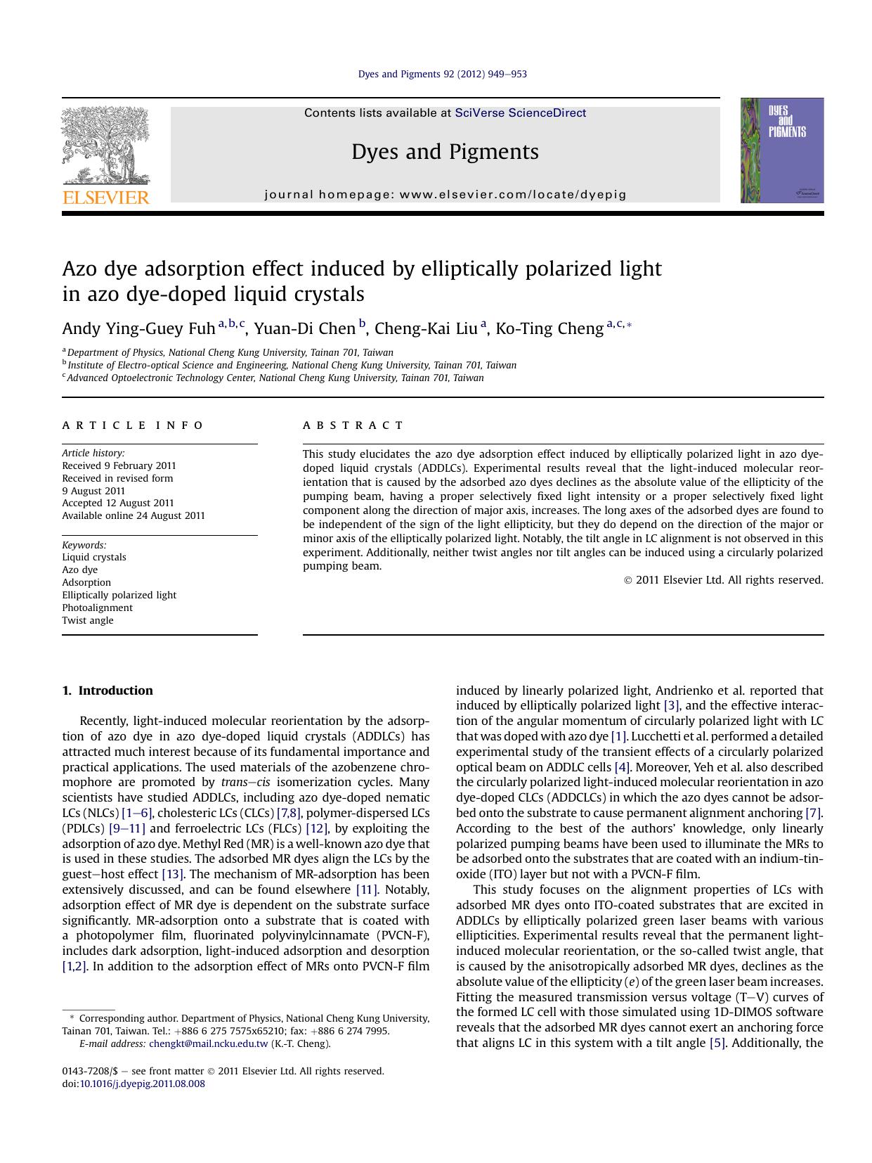 Azo dye adsorption effect induced by elliptically polarized light in azo dye-doped liquid crystals by Andy Ying-Guey Fuh & Yuan-Di Chen & Cheng-Kai Liu & Ko-Ting Cheng